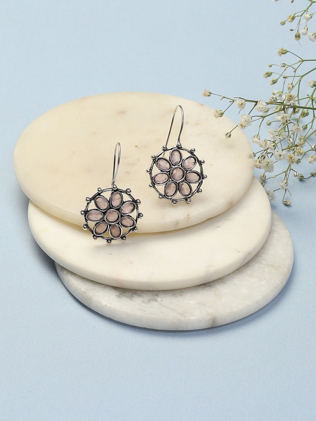 

Biba Silver-Plated Stone-Studded Contemporary Oxidised Drop Earrings