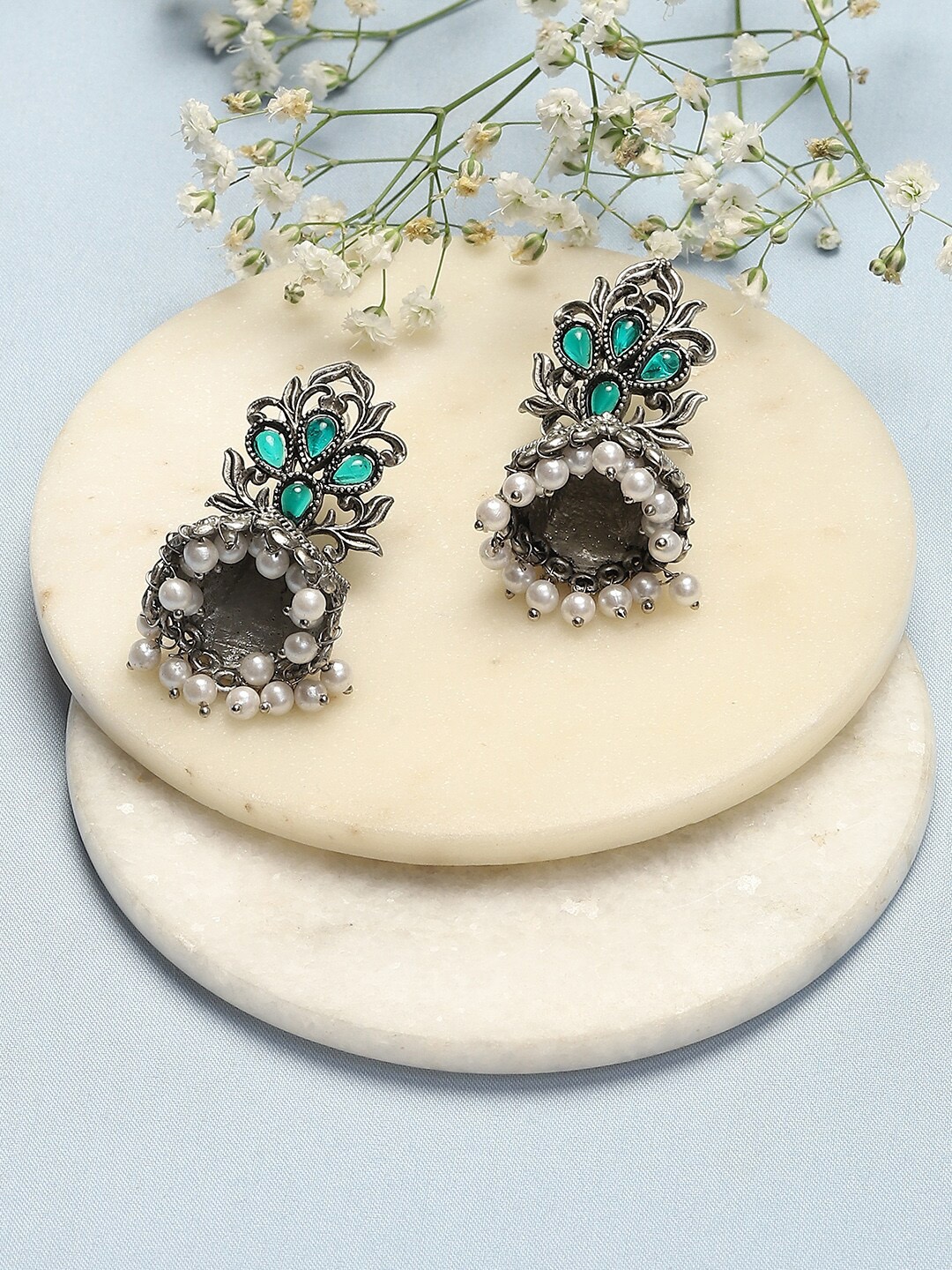 

Biba Silver-Plated Stone-Studded & Beaded Contemporary Oxidised Jhumkas