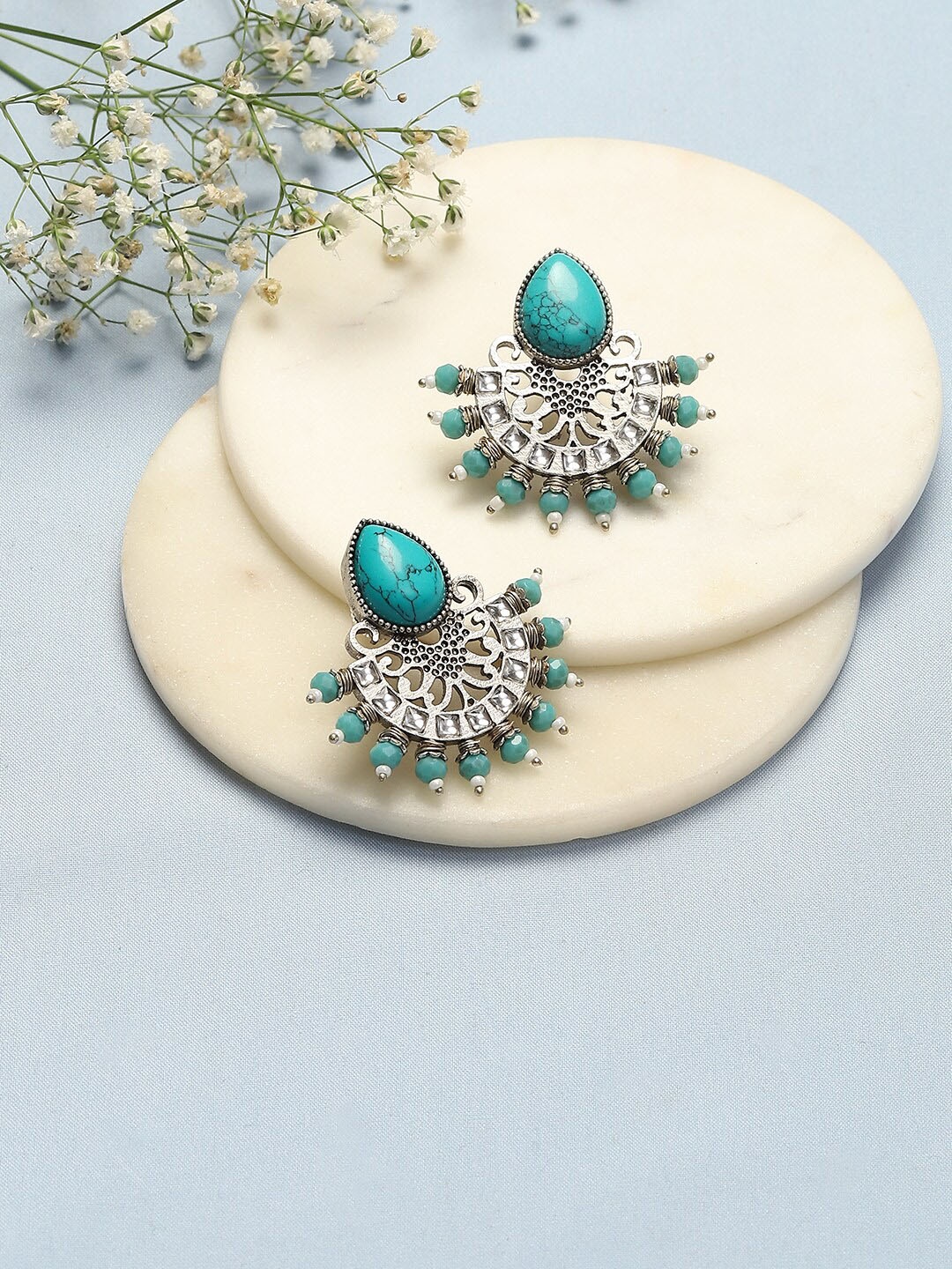 

Biba Silver-Plated Stone-Studded Contemporary Oxidised Studs Earrings
