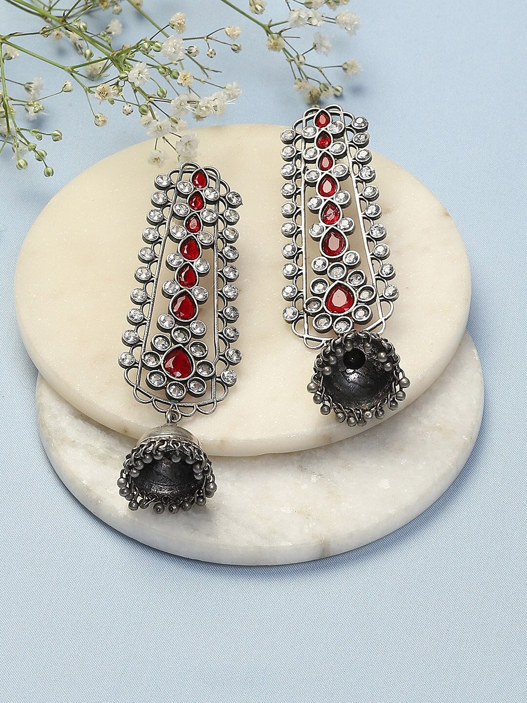

Biba Silver-Plated Stone-Studded Dome-Shoped Jhumkas