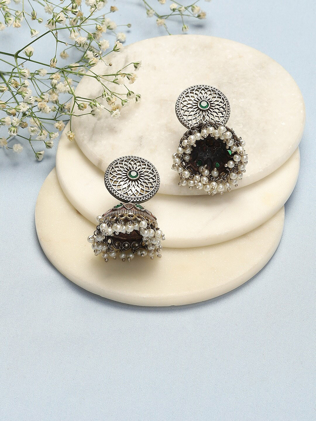 

Biba Silver-Plated Stone-Studded Dome-Shaped Jhumkas