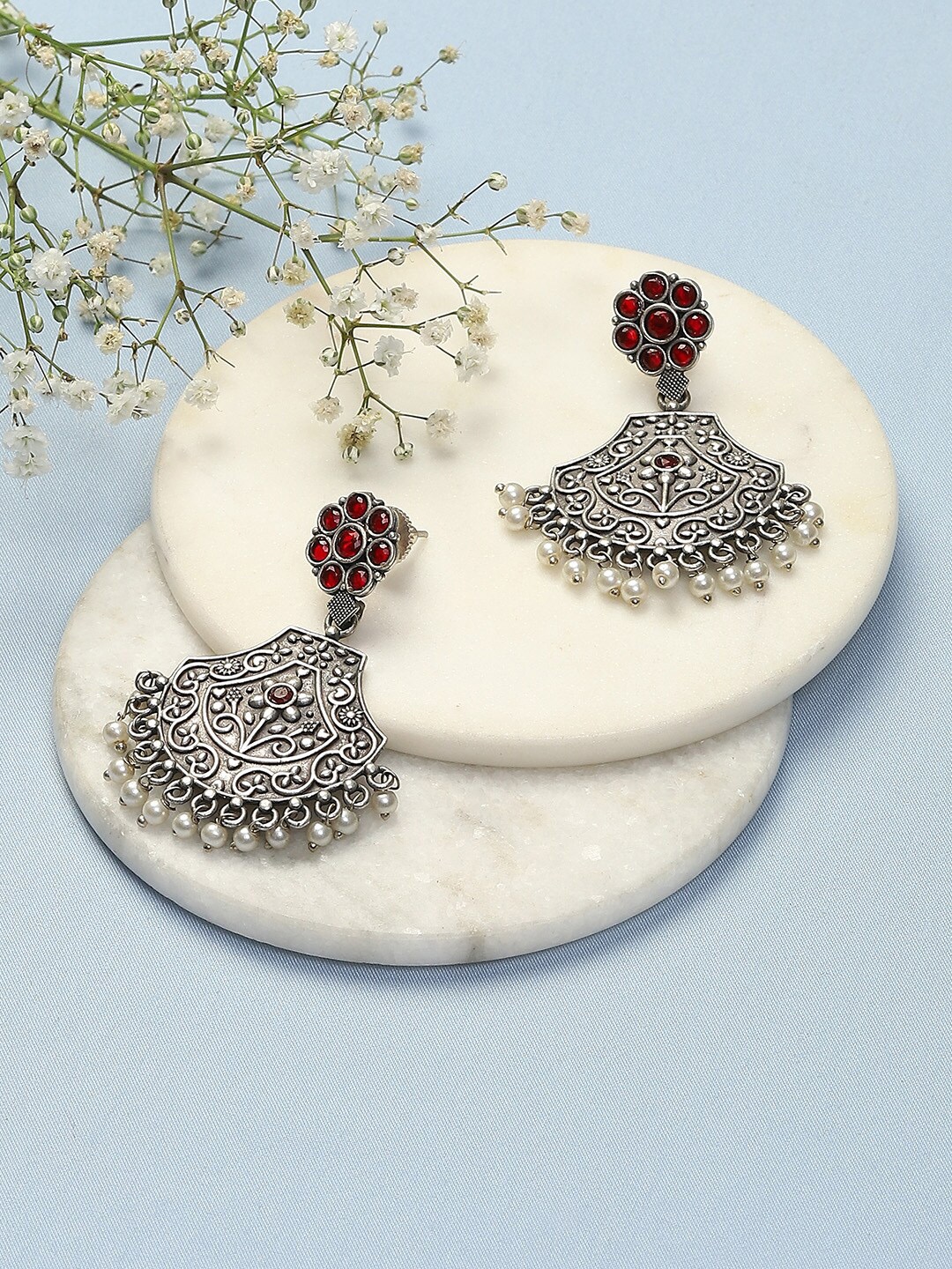 

Biba Silver-Plated Oxidised Stone Studded Drop Earrings