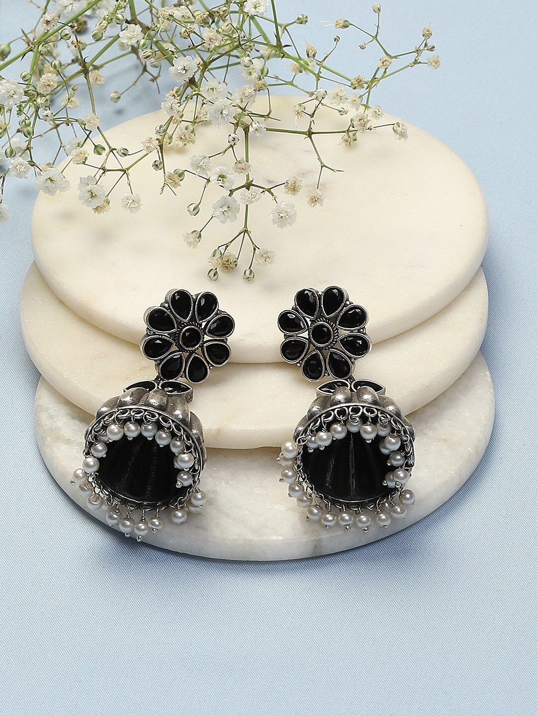 

Biba Silver-Plated Oxidised Stone Studded Dome Shaped Jhumkas