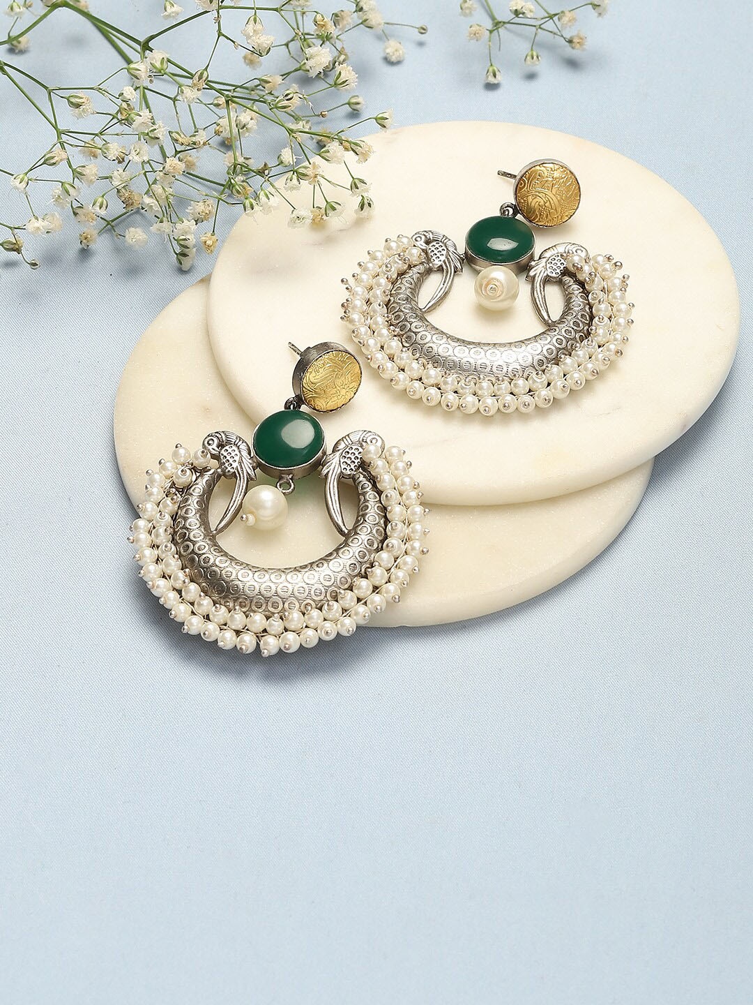 

Biba Silver-Plated Oxidised Stone Studded Chandbalis, Yellow