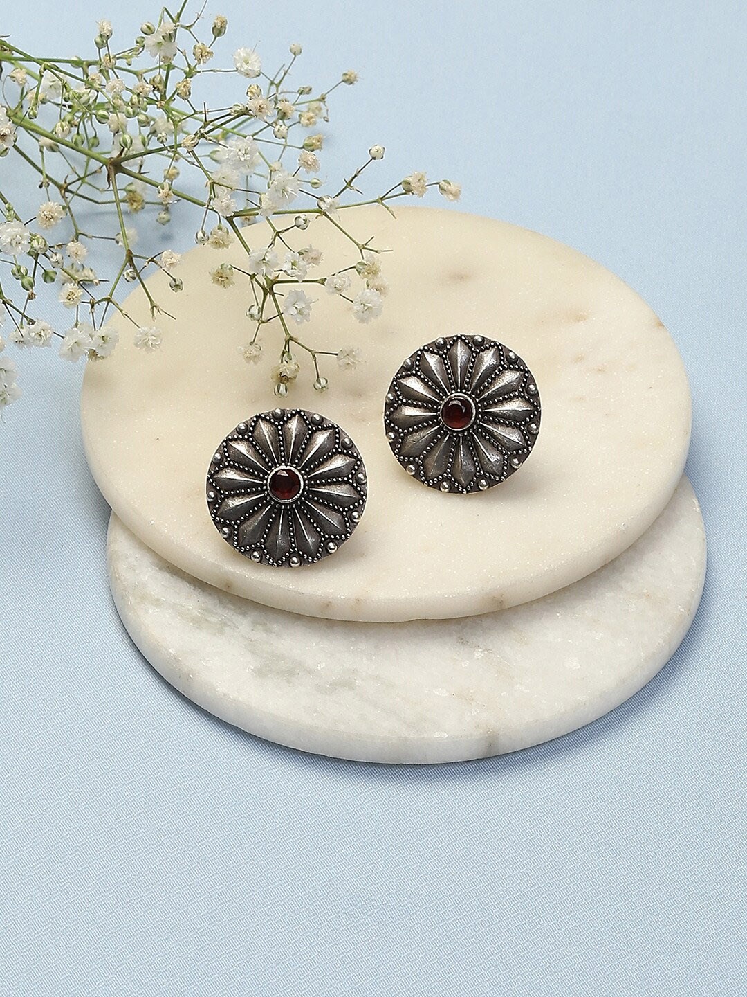 

Biba Silver-Plated Oxidised Stone Studded Studs Earrings