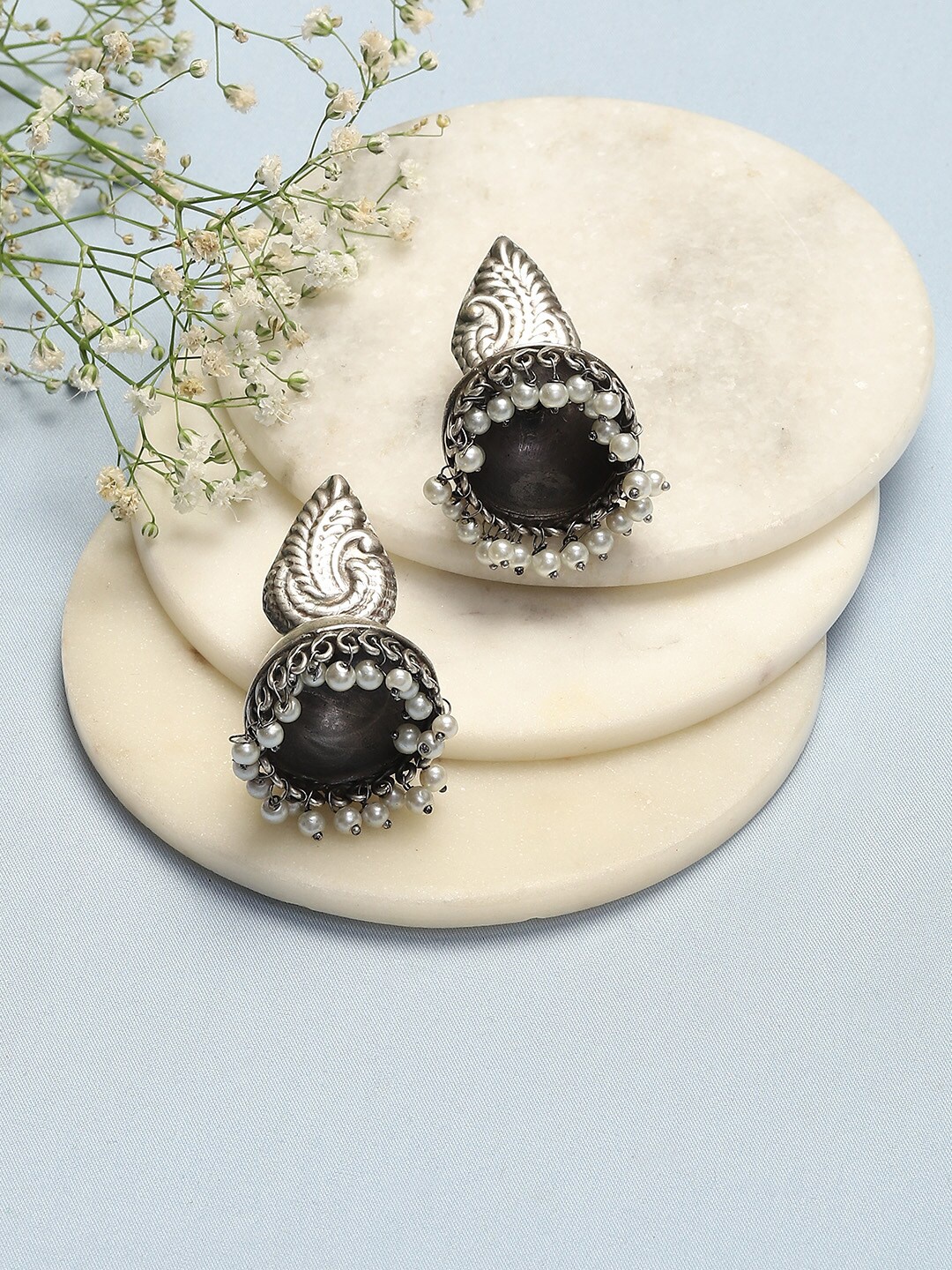 

Biba Oxidsed Contemporary Jhumkas Artificial Beads Earrings, Grey
