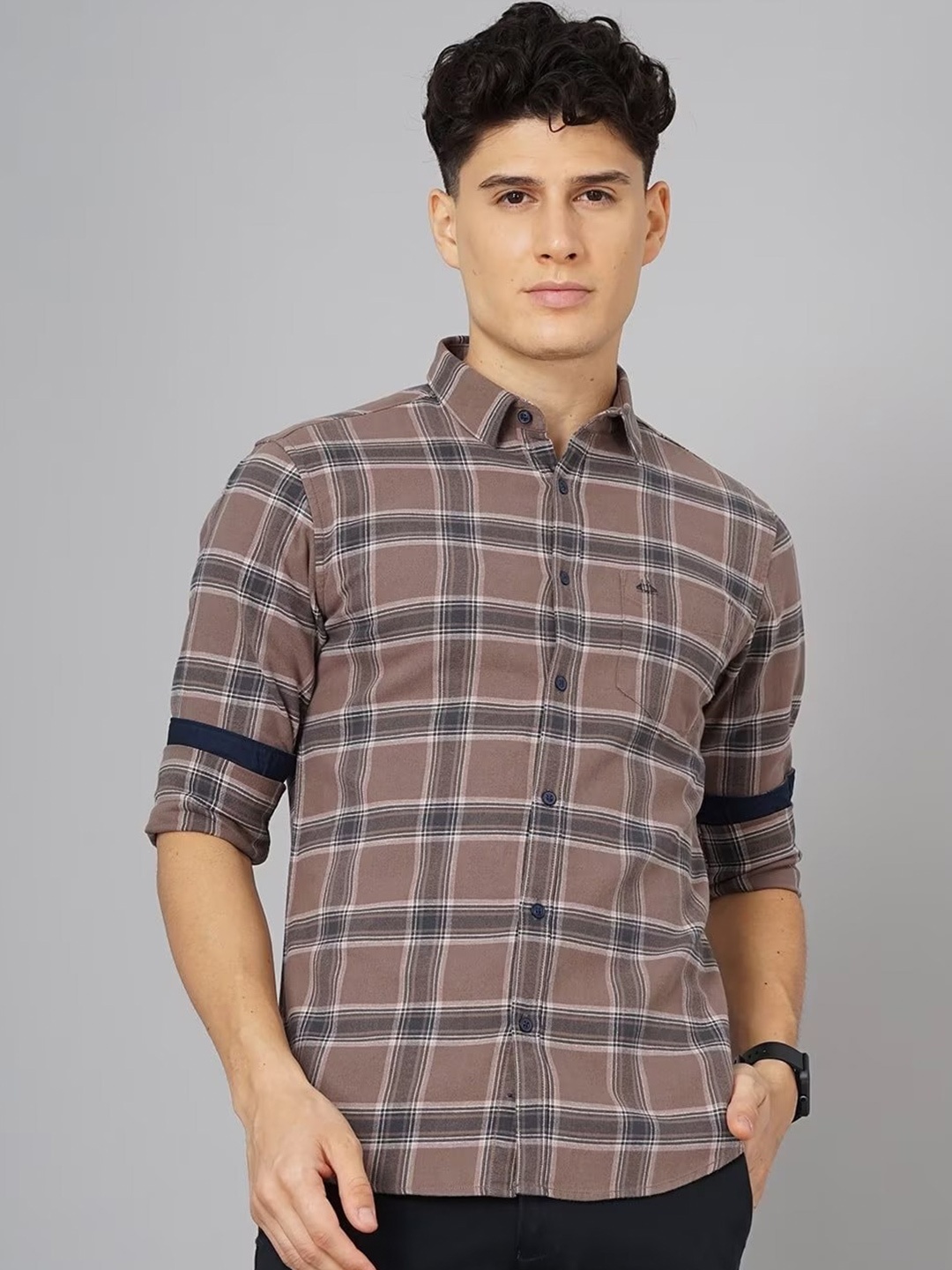 

British Club Smart Slim Fit Tartan Checks Pure Cotton Casual Shirt, Brown