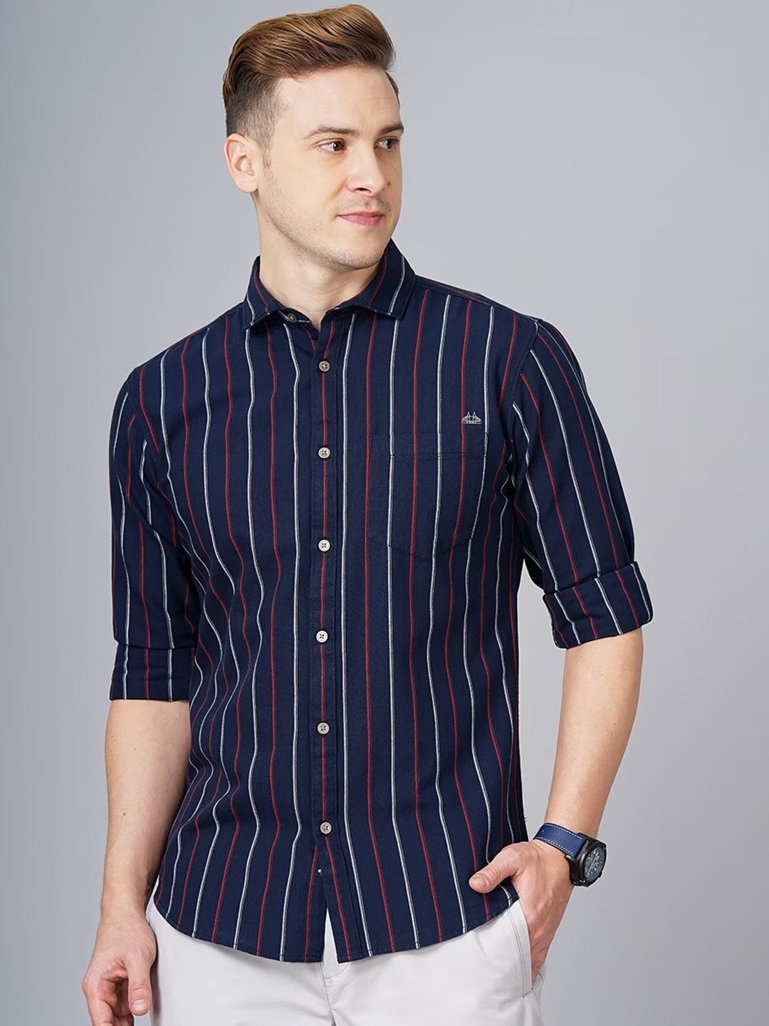 

British Club Smart Slim Fit Vertical Stripes Pure Cotton Casual Shirt, Navy blue