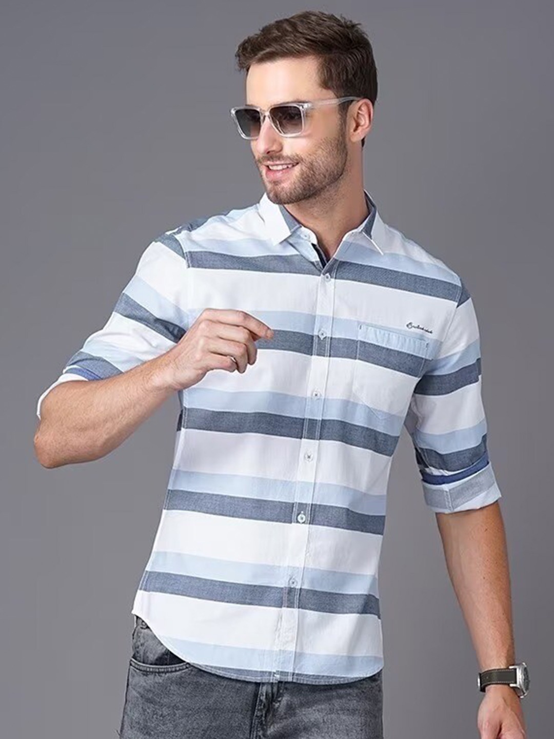 

British Club Smart Slim Fit Horizontal Stripes Pure Cotton Casual Shirt, White