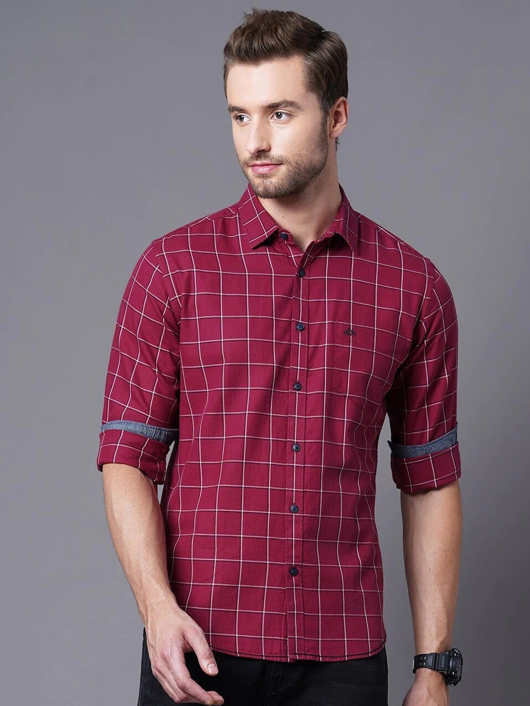 

British Club Smart Slim Fit Grid Tattersall Checks Pure Cotton Casual Shirt, Red