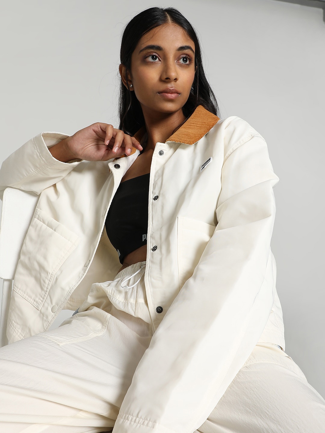 

Puma Downtown Regular Fit Padded Coach Lightweight Tailored Jacket, Cream