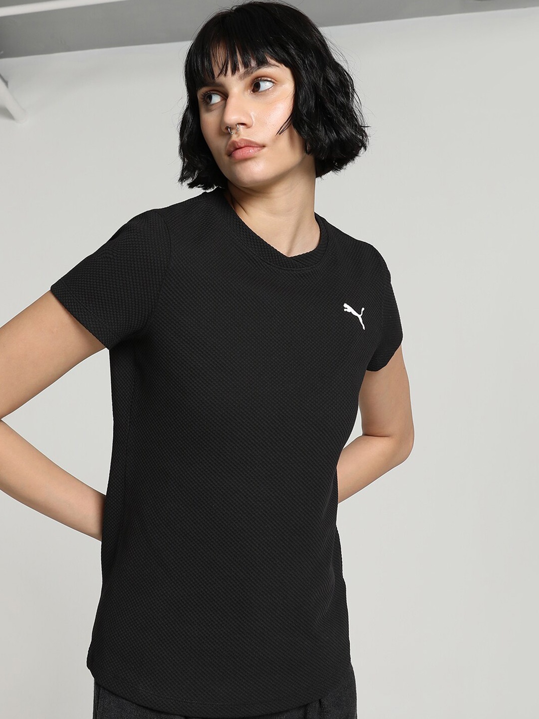 

Puma HER Brand Logo Detail Structured Cotton T-shirt, Black