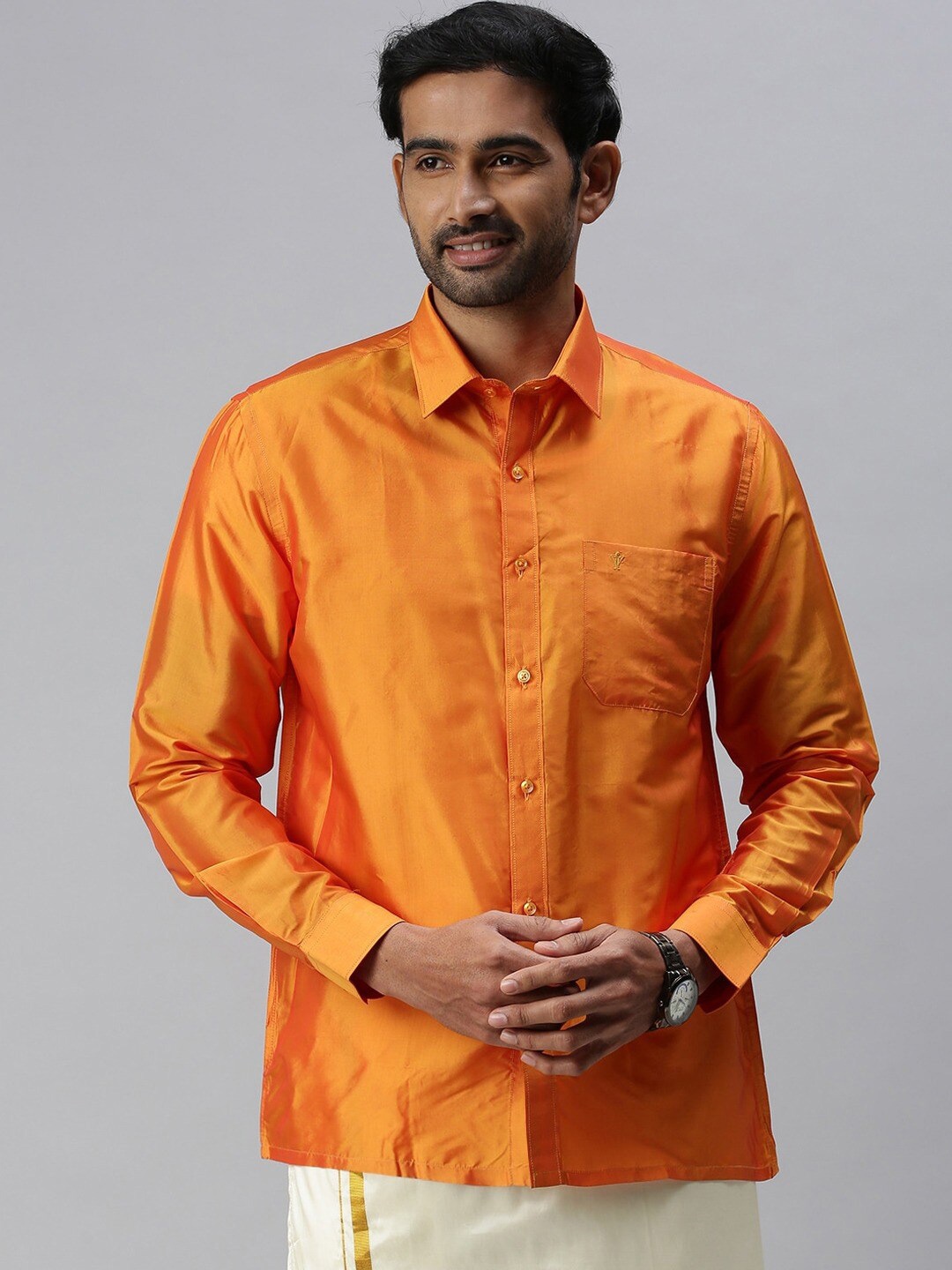 

Ramraj Men Classic Solid Silk Casual Shirt, Orange