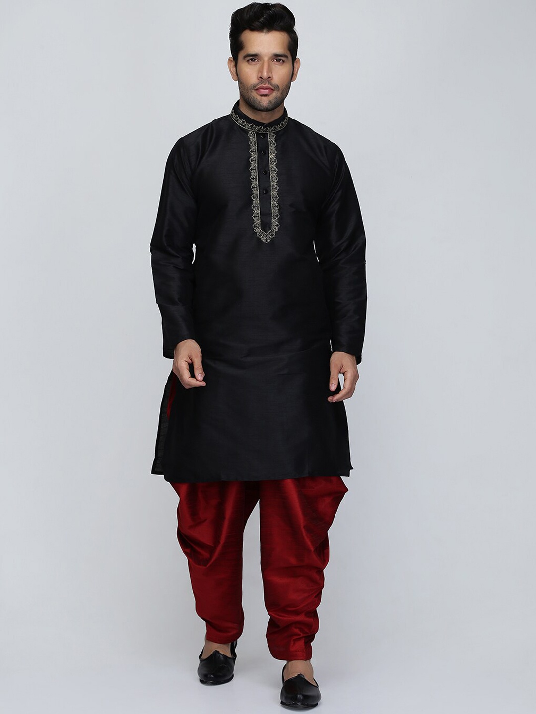 

ROYAL KURTA Thread Work Dupion Silk Straight Kurta With Patiala, Black