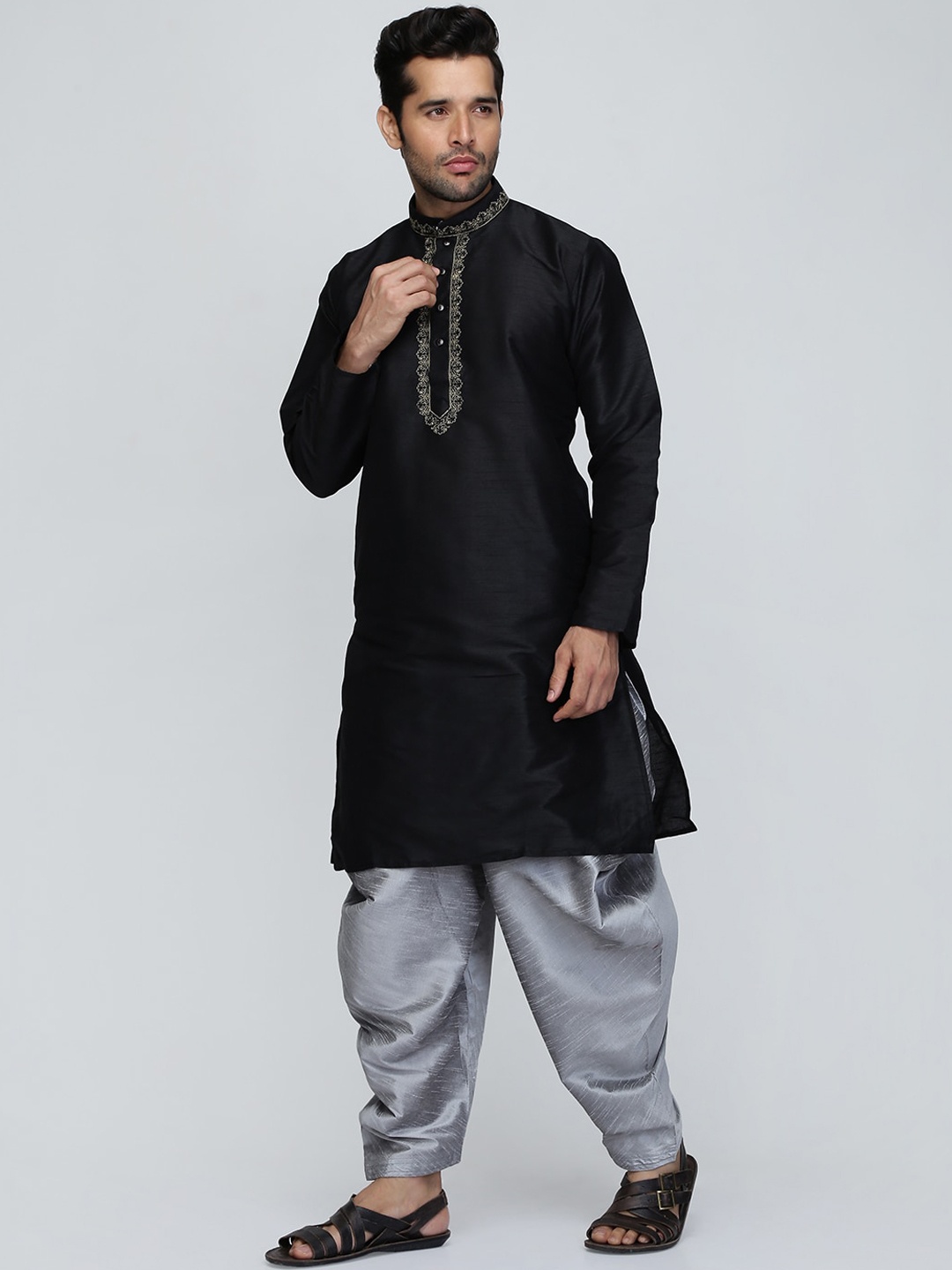 

ROYAL KURTA Thread Work Dupion Silk Straight Kurta With Patiala, Black