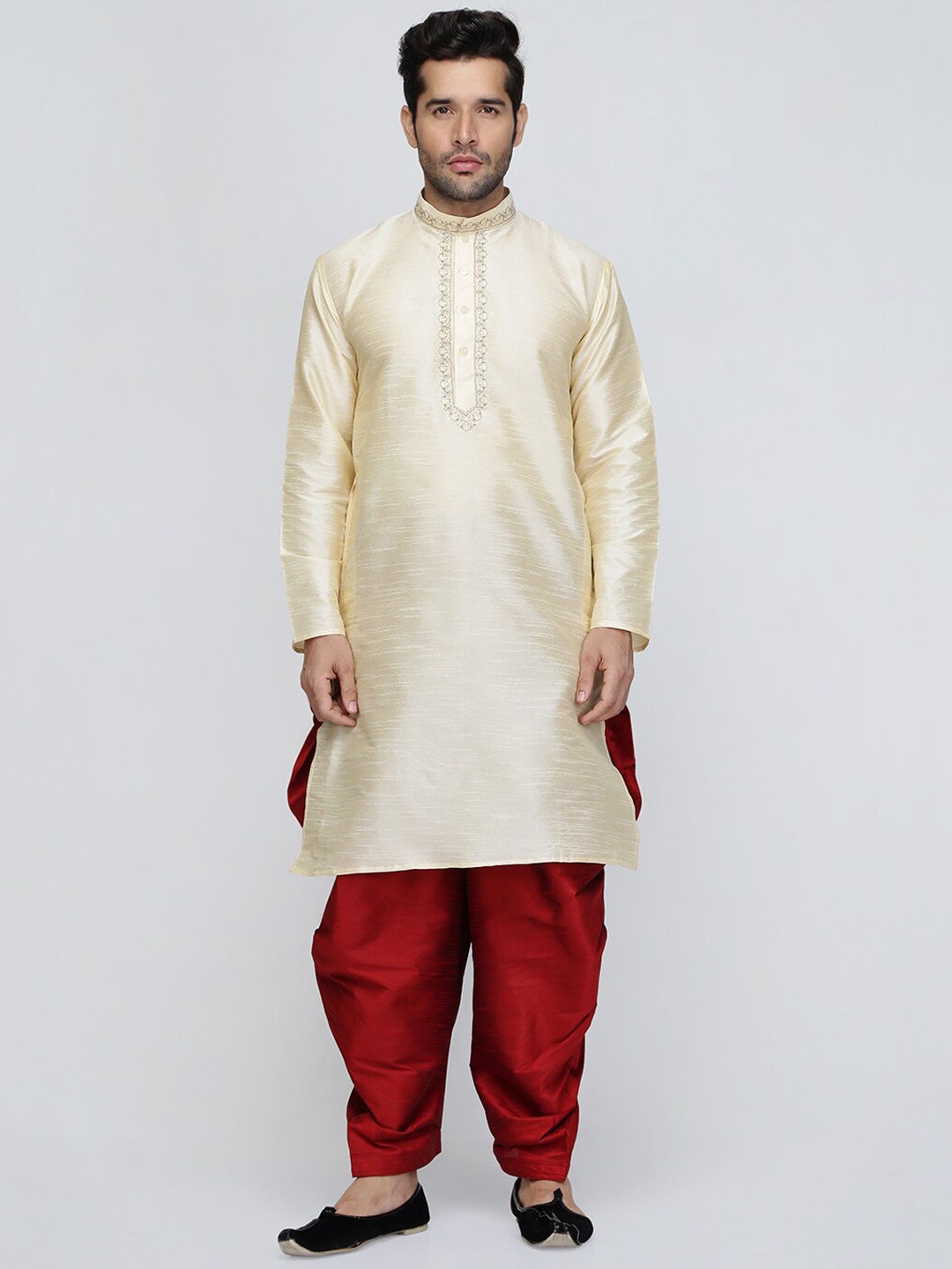 

ROYAL KURTA Floral Yoke Design Mandarin Collar Thread Work Dupion Silk Kurta with Patiala, Gold