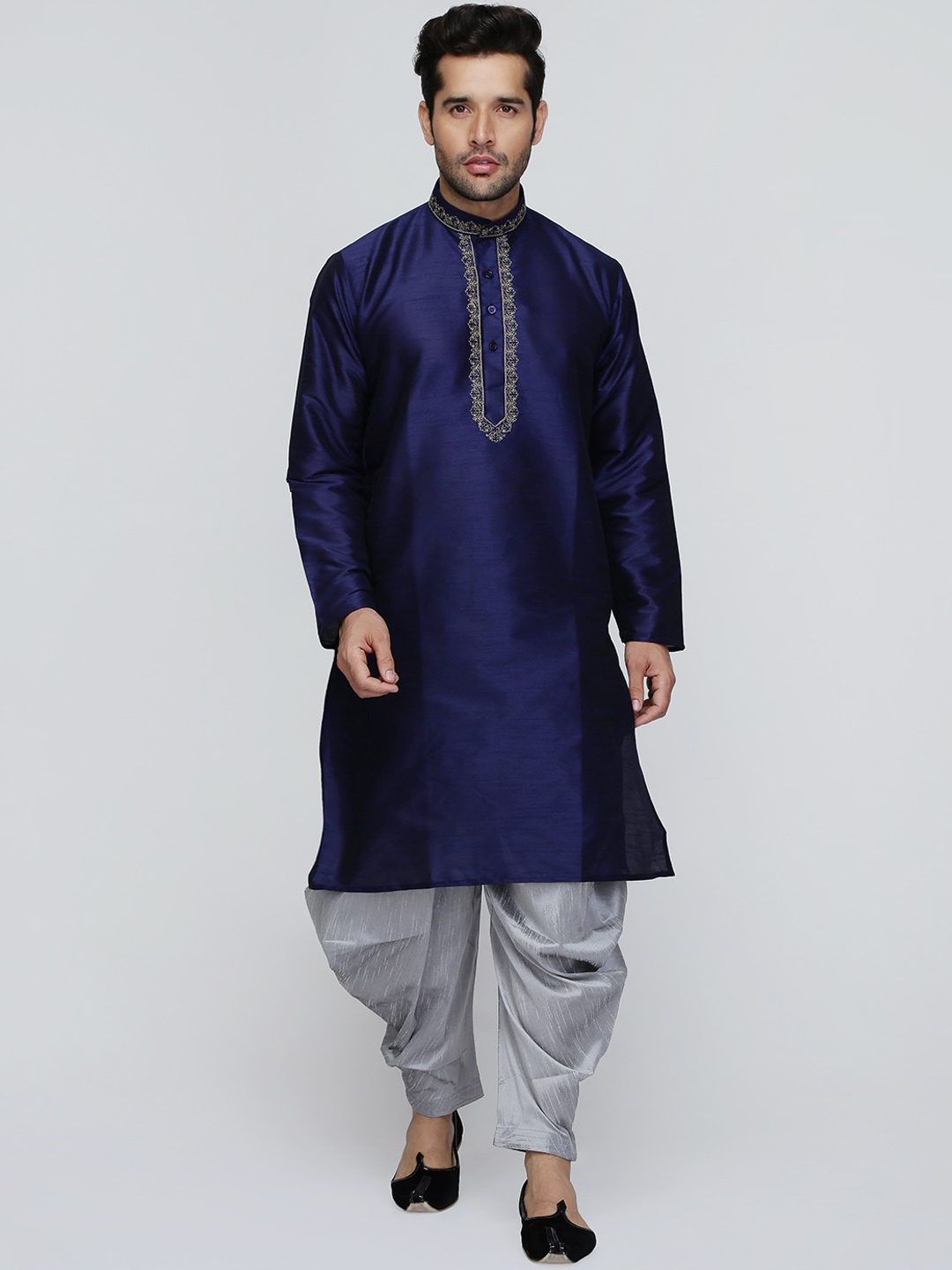 

ROYAL KURTA Yoke Design Mandarin Collar Thread Work Dupion Silk Kurta with Patiala, Blue