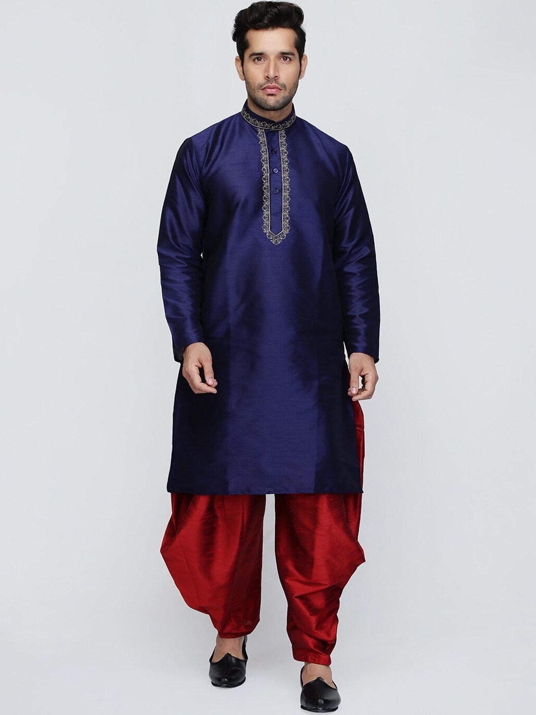 

ROYAL KURTA Yoke Design Mandarin Collar Thread Work Dupion Silk Kurta with Patiala, Blue