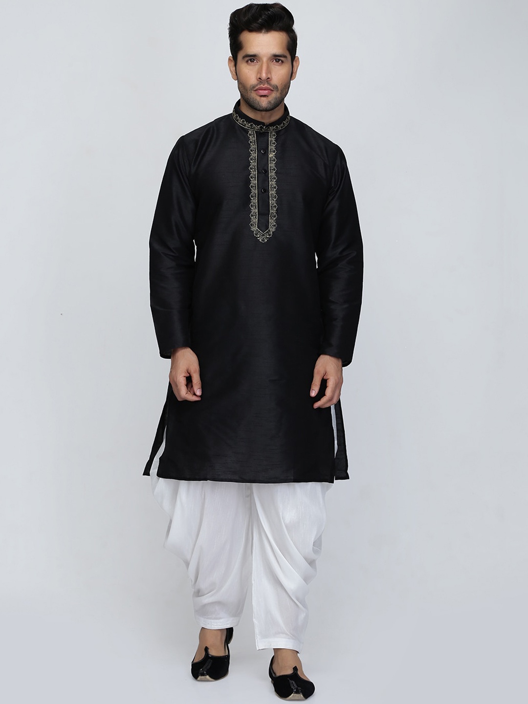 

ROYAL KURTA Yoke Design Mandarin Collar Thread Work Dupion Silk Kurta with Patiala, Black