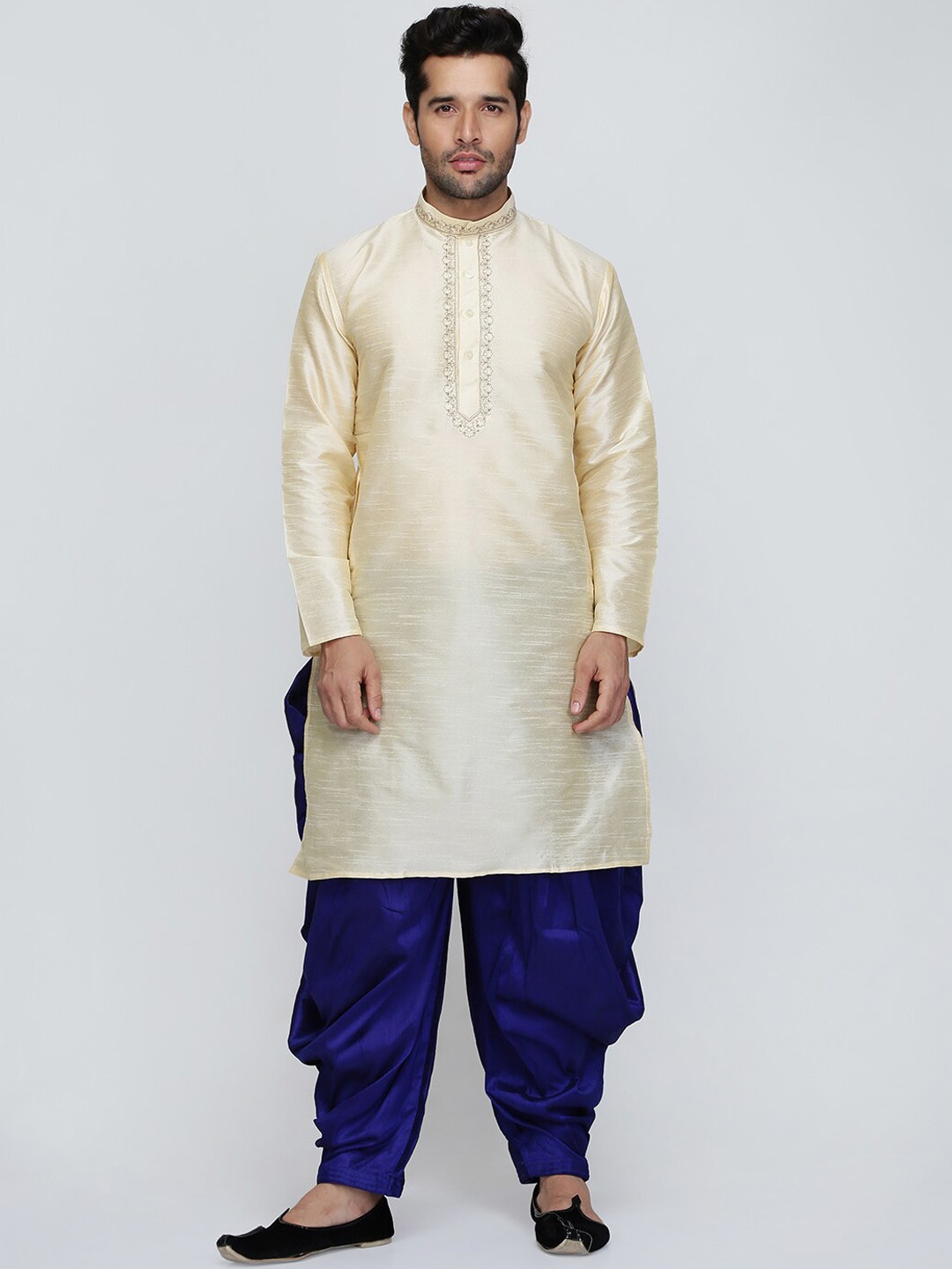 

ROYAL KURTA Thread Work Dupion Silk Straight Kurta With Patiala, Gold