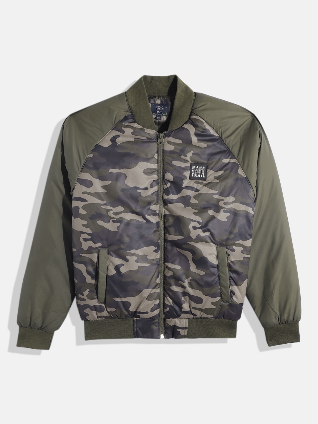 

Indian Terrain Boys Camouflage Print Bomber Jacket, Olive