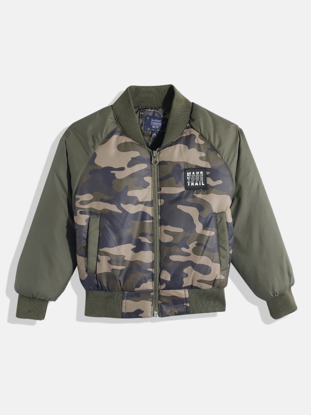 

Indian Terrain Boys Camouflage Printed Applique Detailed Bomber Jacket, Khaki