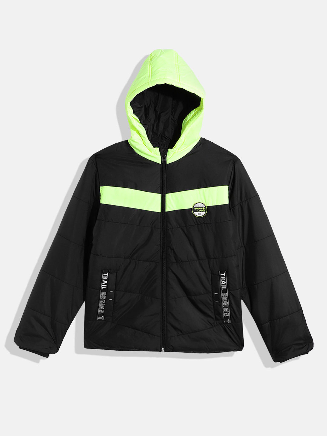 

Indian Terrain Boys Colourblocked Hooded Padded Jacket with Patchwork Detail, Black