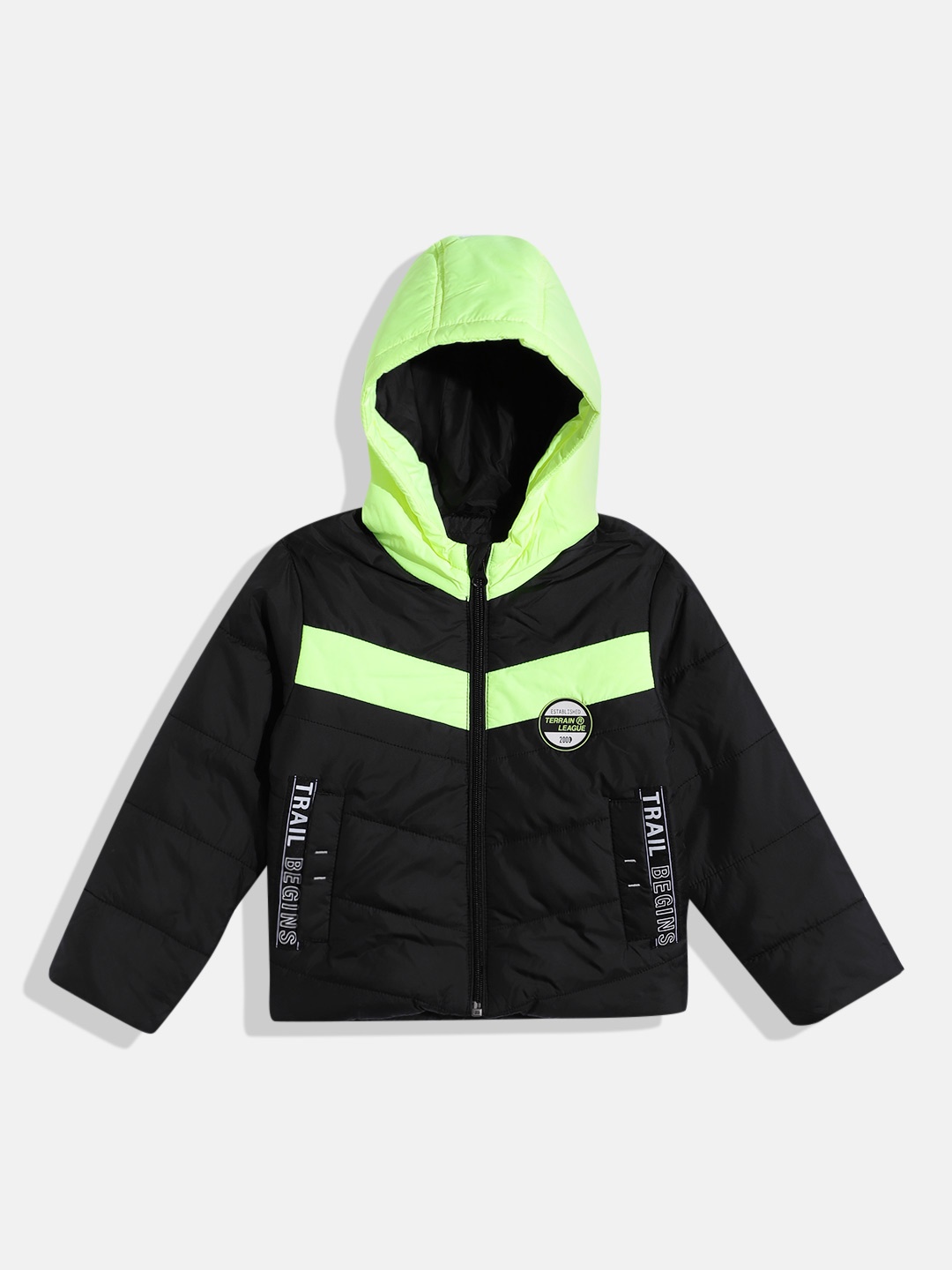 

Indian Terrain Boys Colorblocked Typography Detailed Hooded Biker Jacket with Patchwork, Black