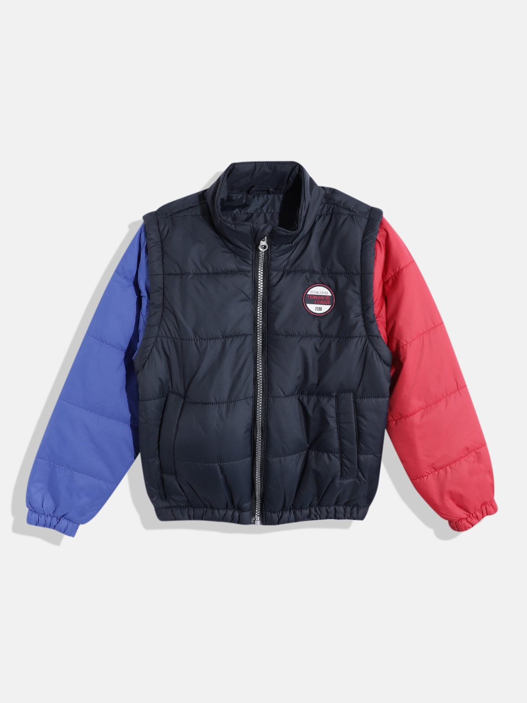 

Indian Terrain Boys Colourblocked Padded Jacket with Detachable Sleeves, Blue