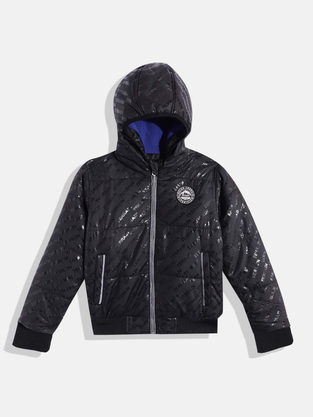 

Indian Terrain Boys Brand Logo Printed Hooded Bomber Jacket, Black