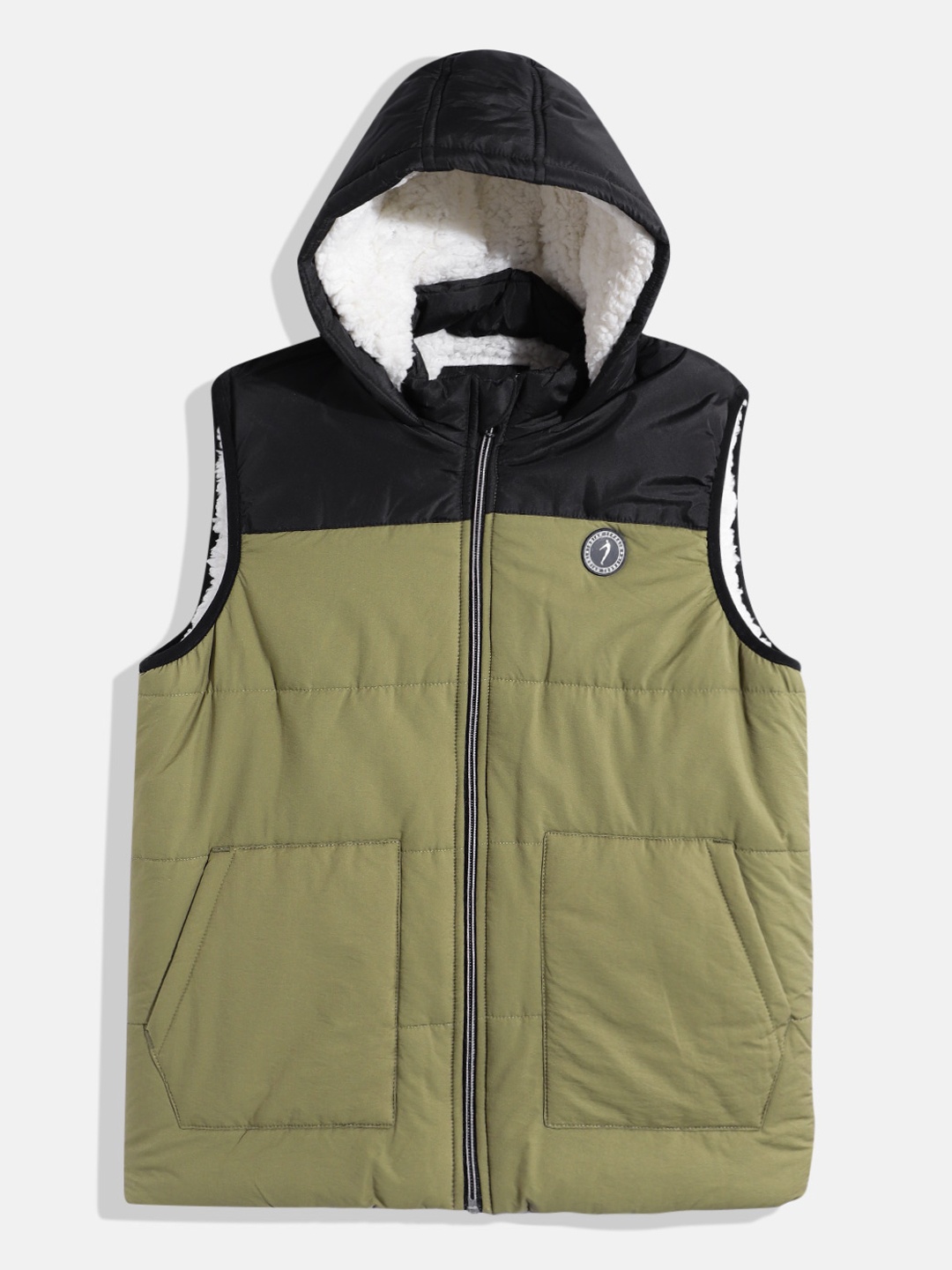 

Indian Terrain Boys Colorblocked Hooded Padded Jacket With Patchwork, Olive