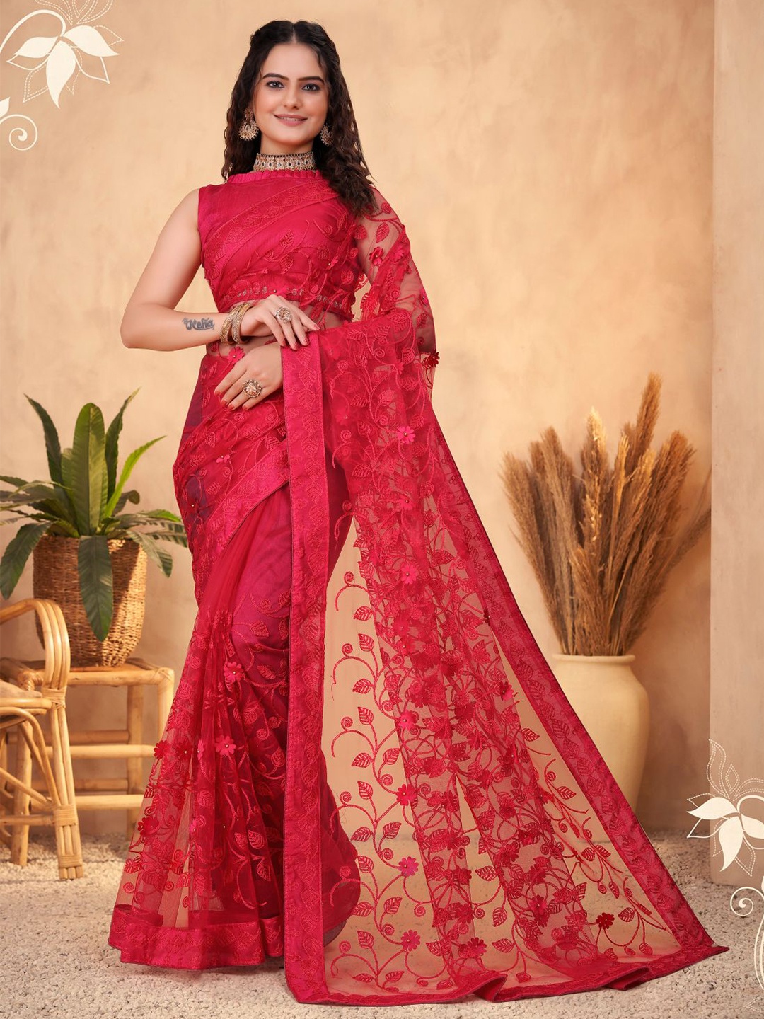 

VAIRAGEE Floral Embroidered Net Saree, Pink