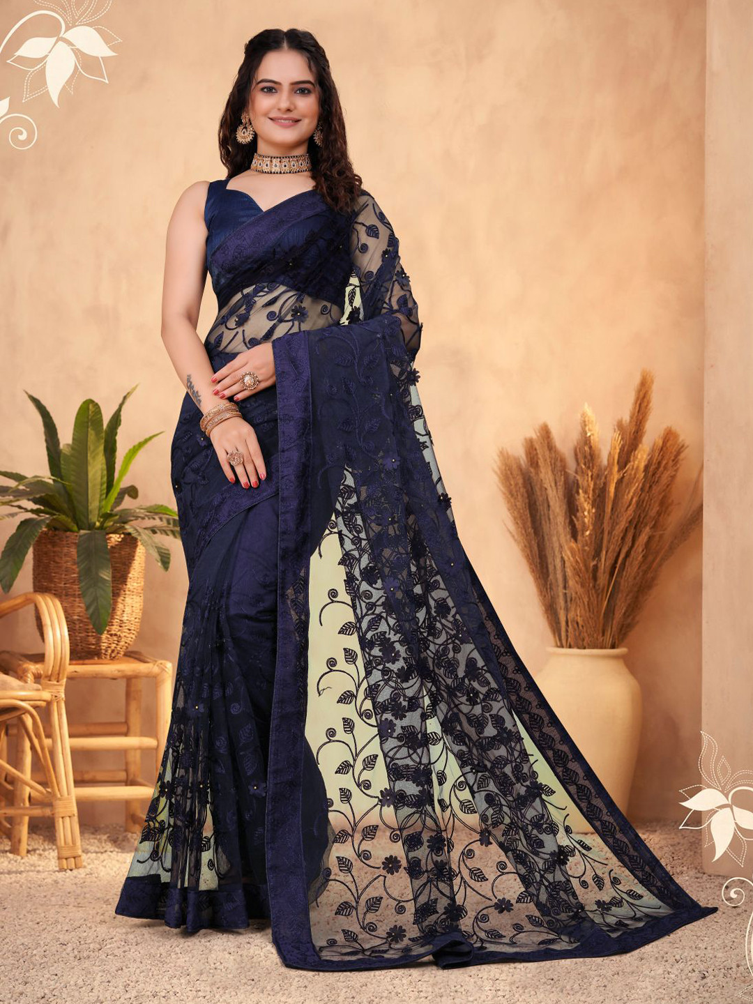 

VAIRAGEE Floral Embroidered Net Saree, Navy blue