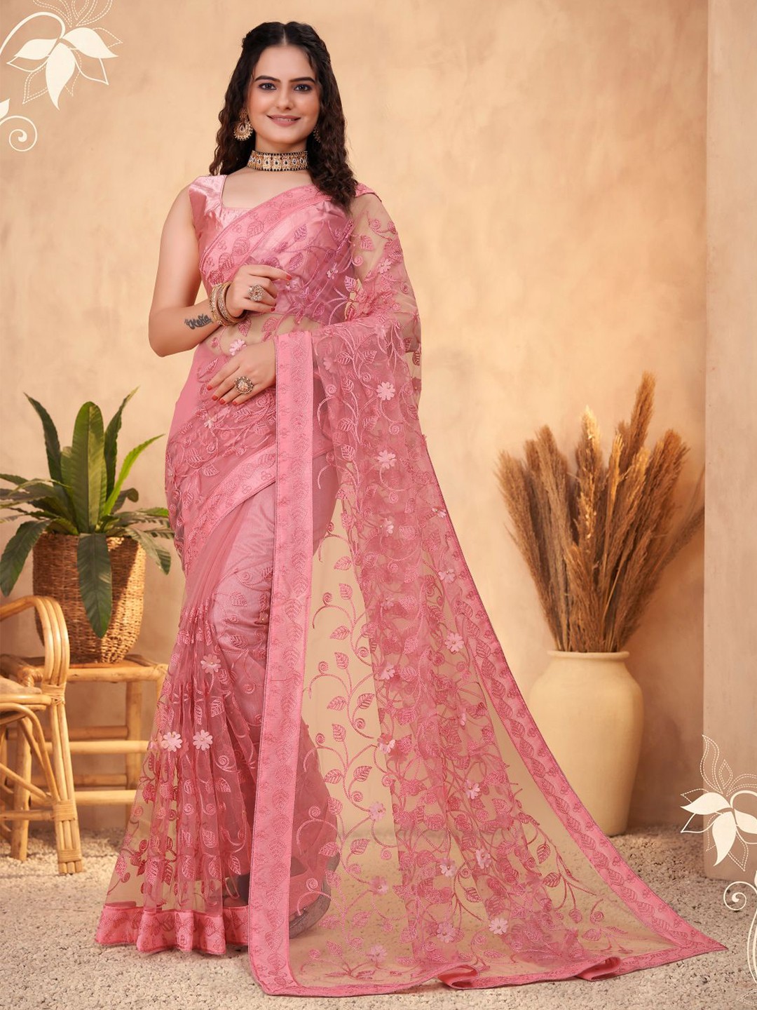 

VAIRAGEE Floral Embroidered Net Saree, Mauve