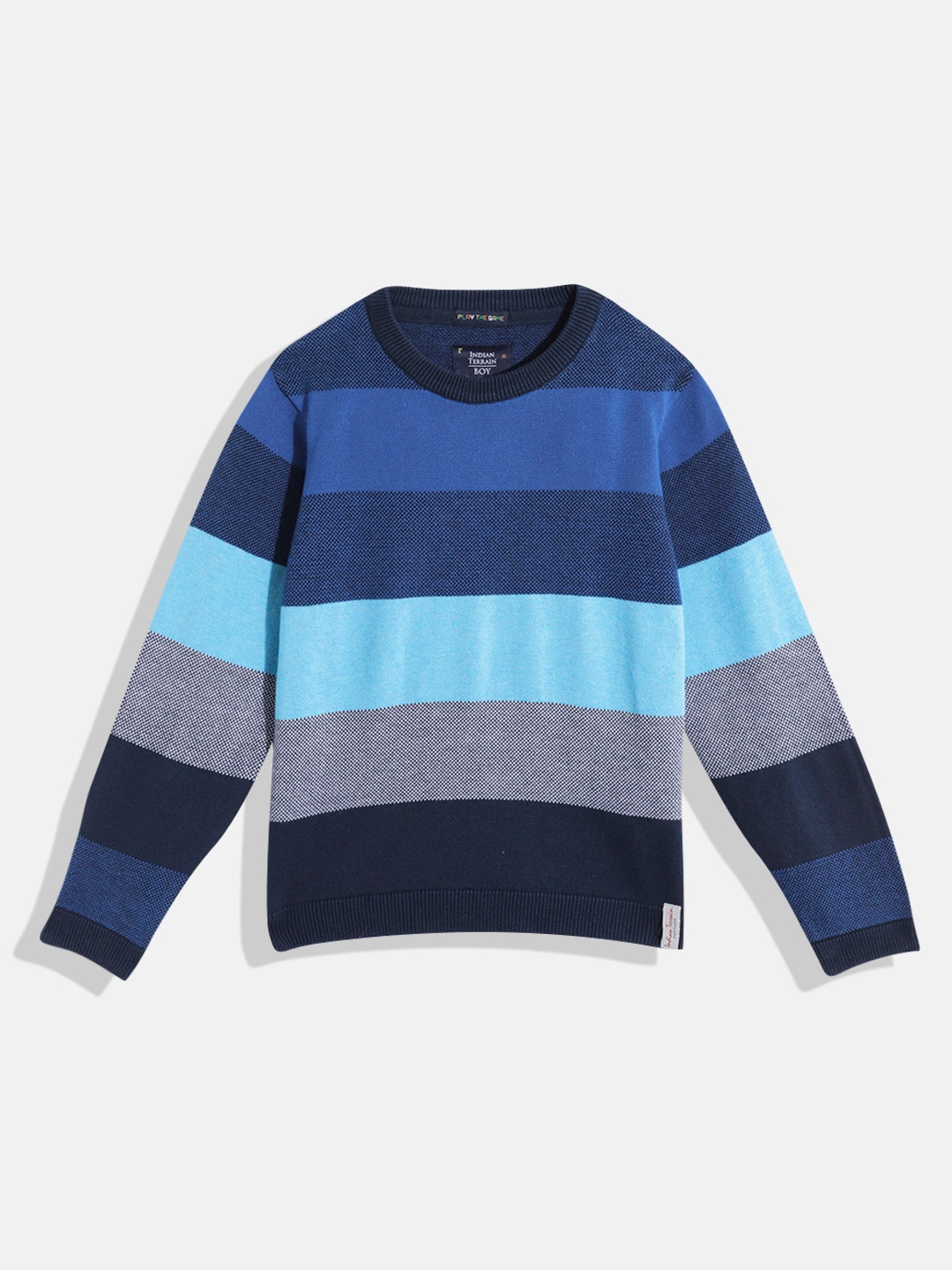 

Indian Terrain Boys Striped Pure Cotton Pullover, Blue