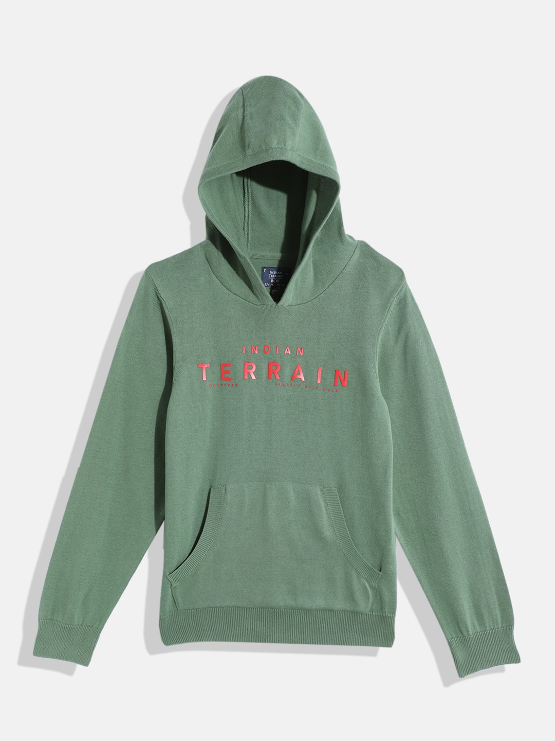 

Indian Terrain Boys Typography Hooded Pure Cotton Pullover With Kangaroo Pocket, Green