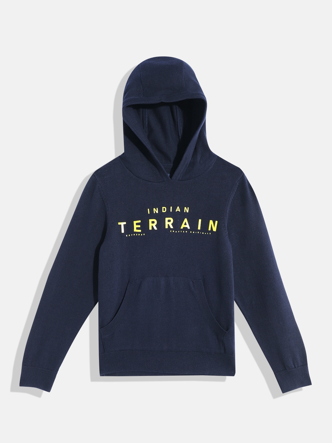 

Indian Terrain Boys Printed Pure Cotton Hooded Pullover, Navy blue