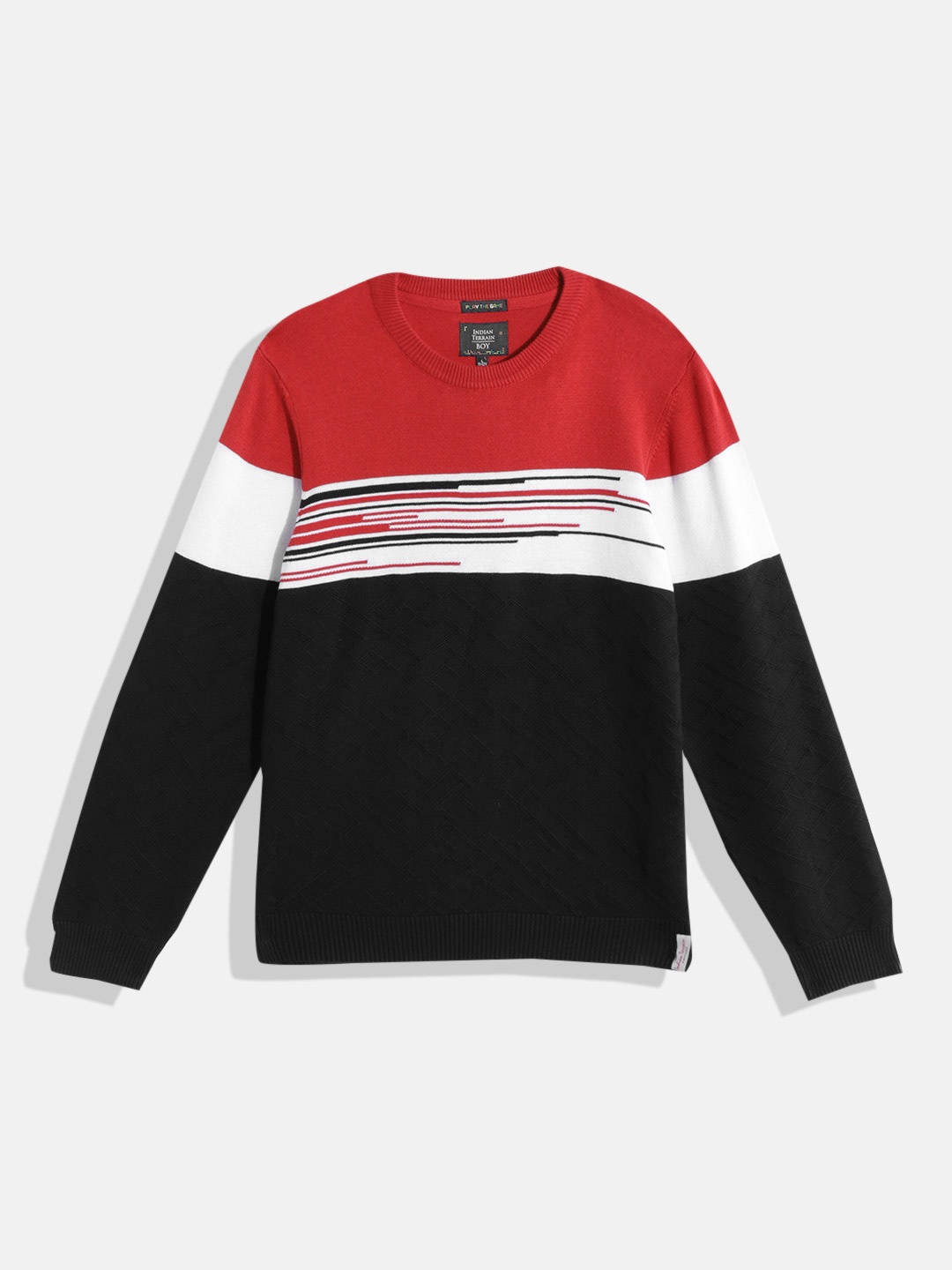 

Indian Terrain Boys Self-Designed Colourblocked Pure Cotton Pullover, Red