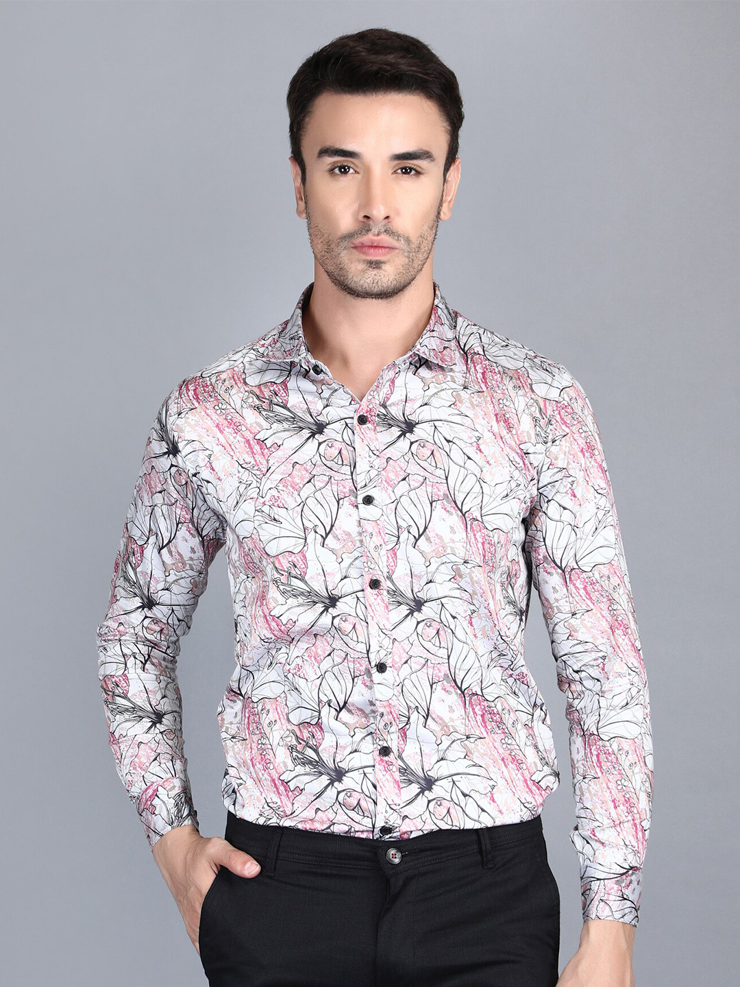 

DEZANO Classic Slim Fit Floral Opaque Printed Casual Shirt, Pink