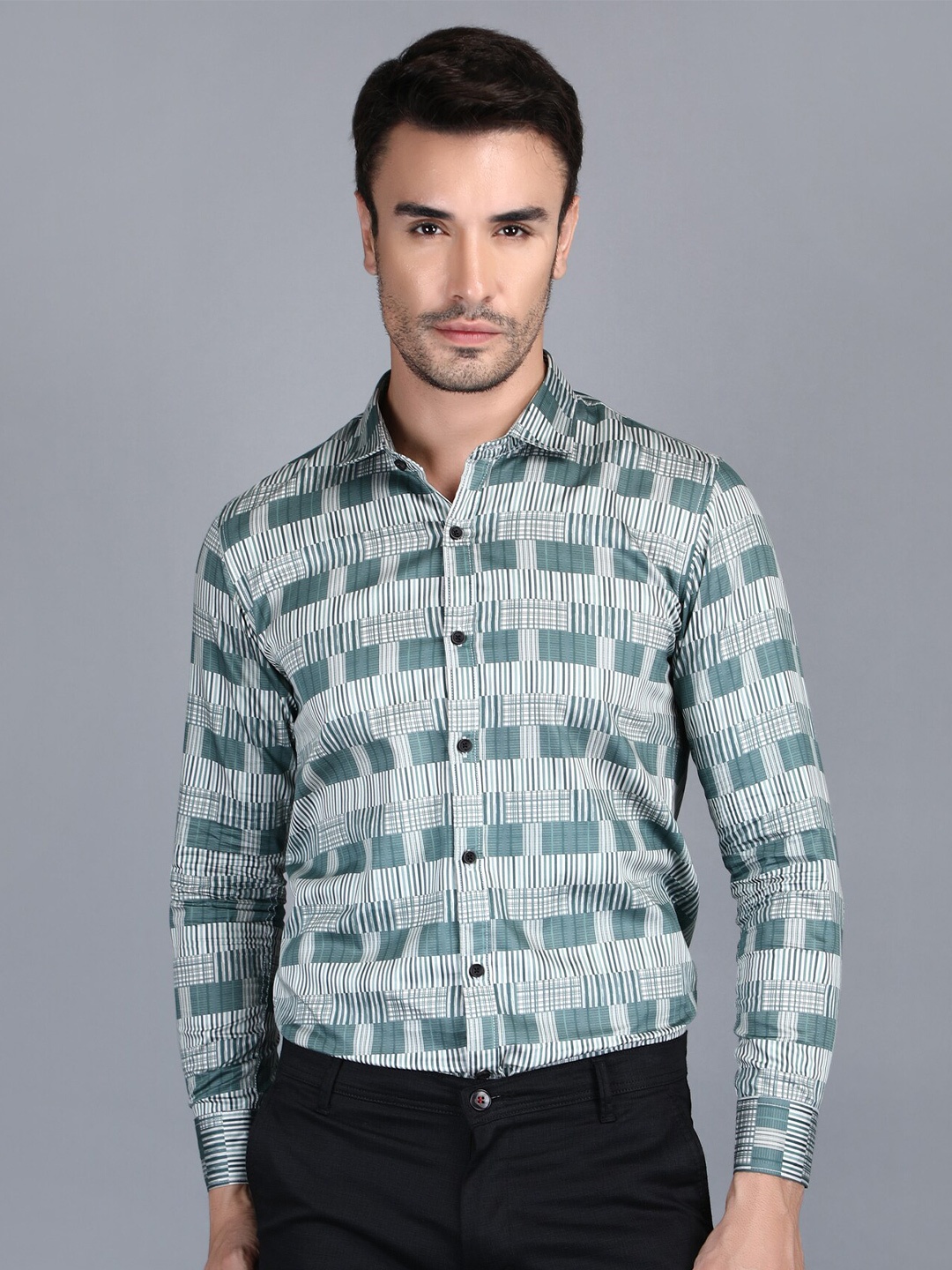 

DEZANO Classic Slim Fit Checked Spread Collar Casual Shirt, Teal