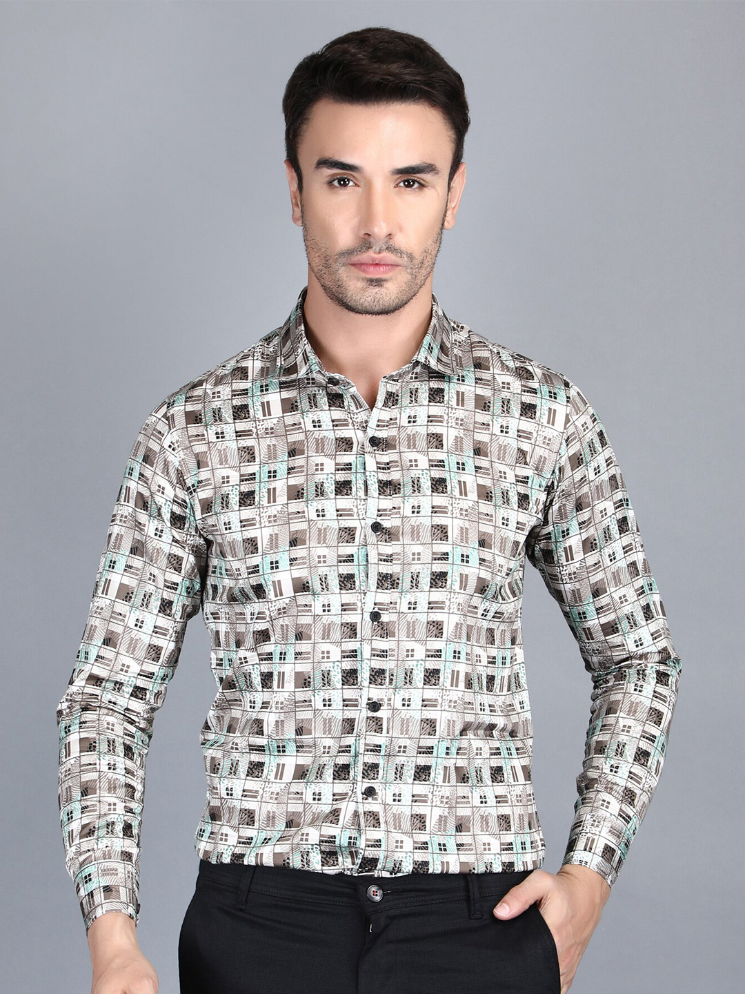 

DEZANO Classic Slim Fit Geometric Printed Spread Collar Casual Shirt, White