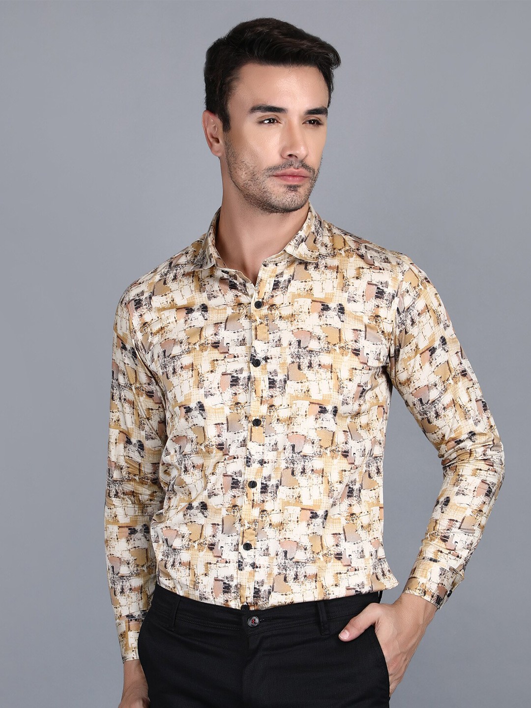 

DEZANO Classic Slim Fit Abstract Printed Spread Collar Satin Casual Shirt, Yellow