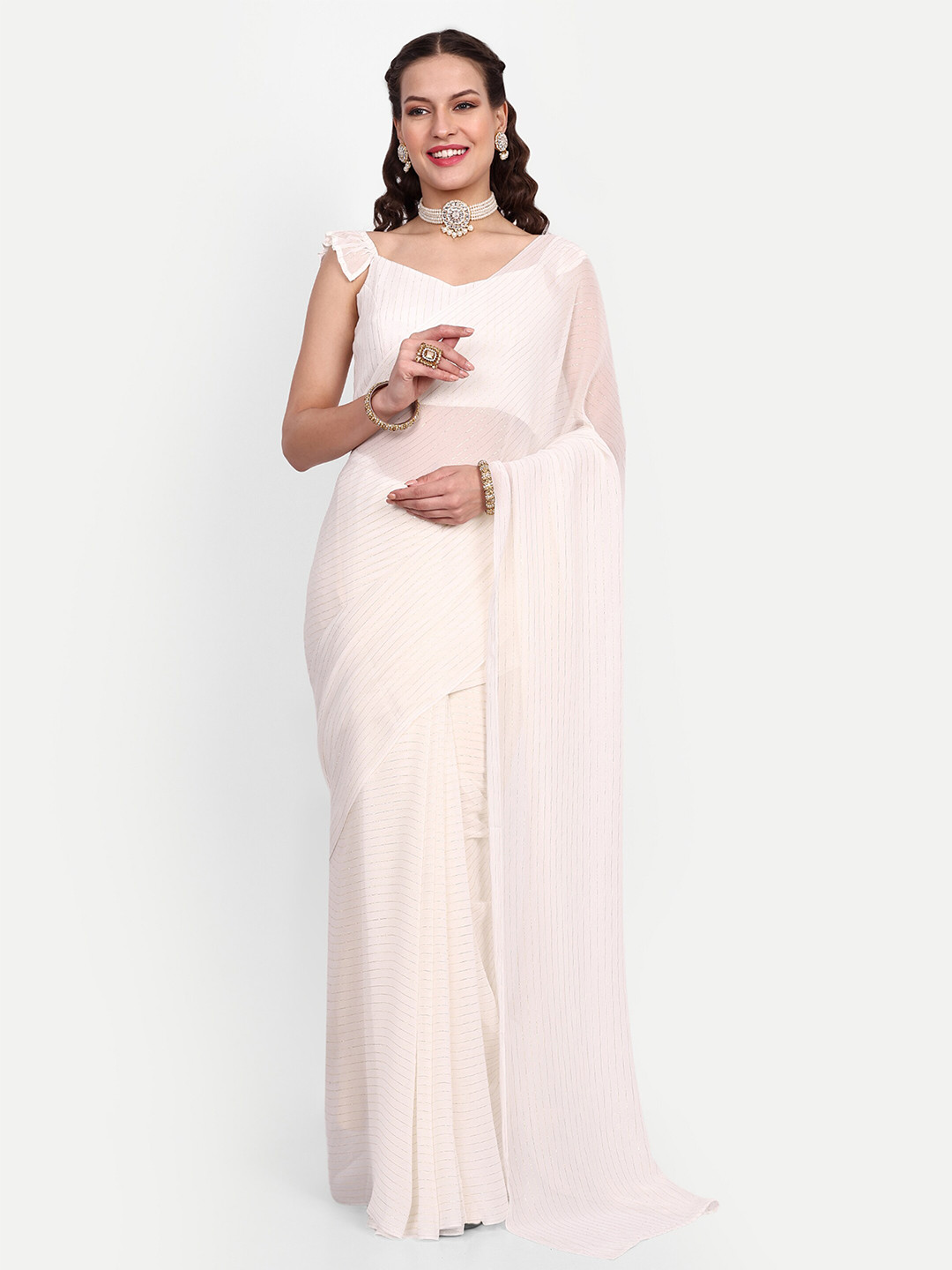 

SAZRIKA Striped Zari Saree, White