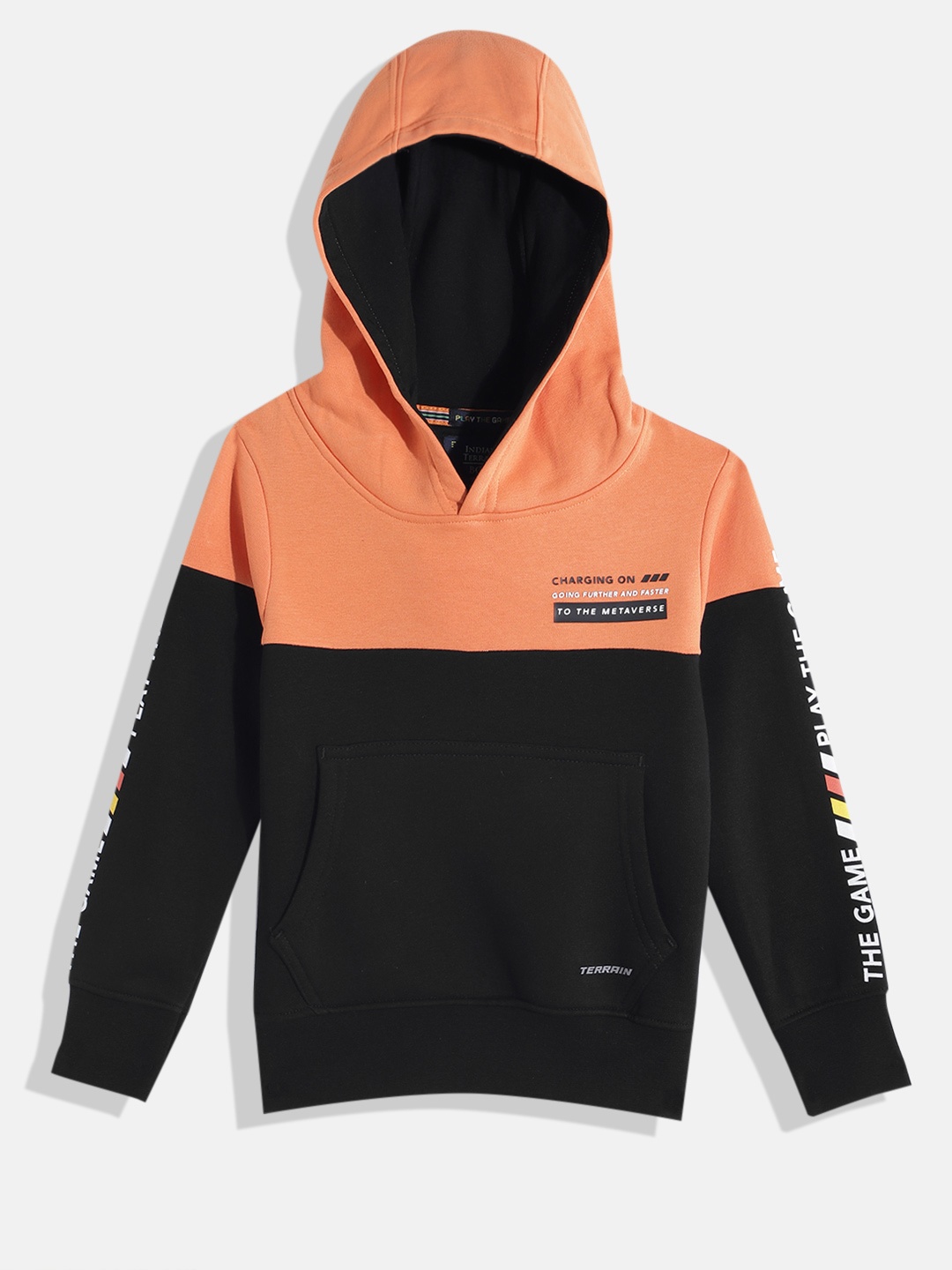 

Indian Terrain Boys Typography Printed Colourblocked Hooded Sweatshirt, Black