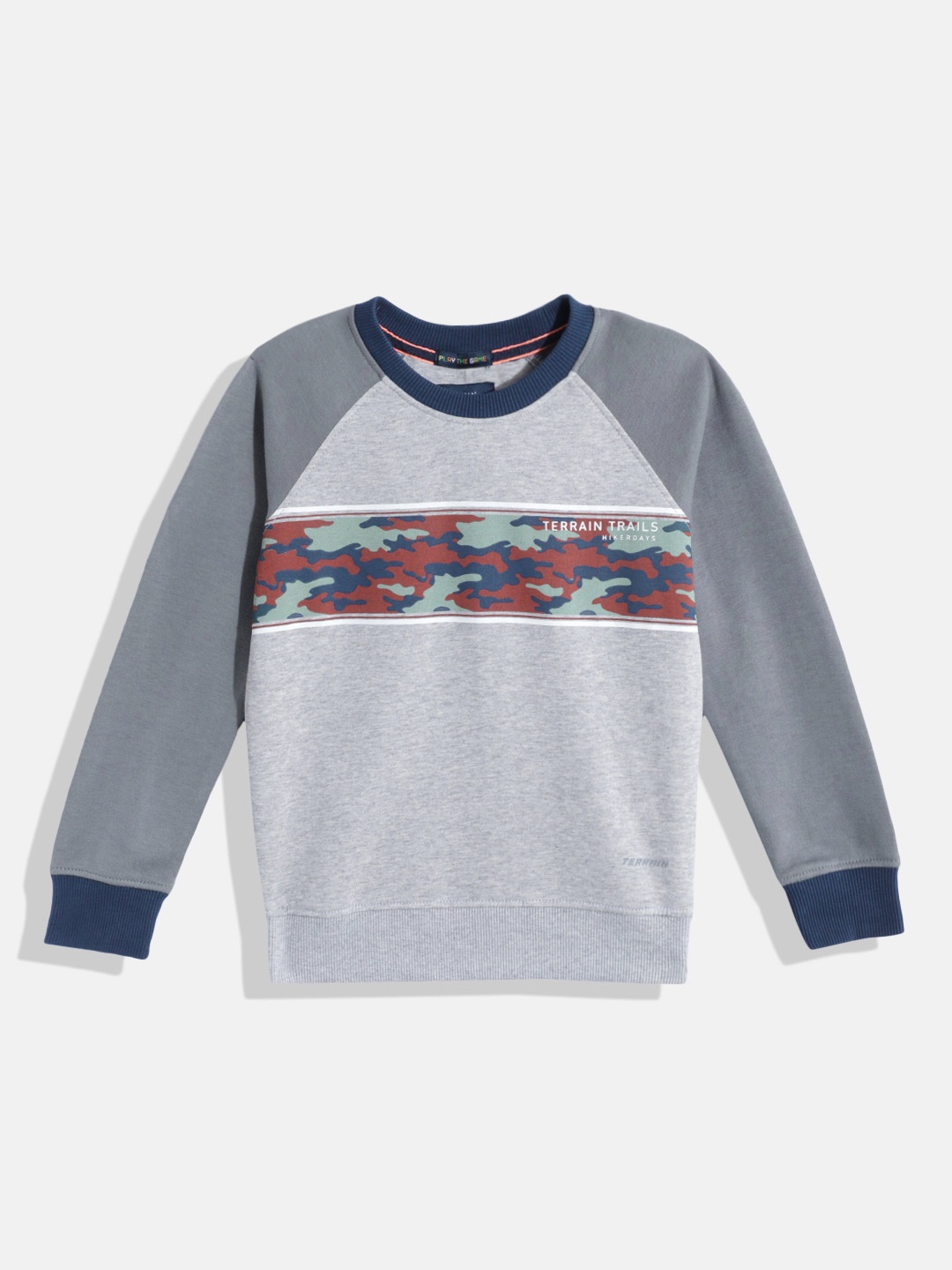 

Indian Terrain Boys Camouflage Printed Colourblocked Sweatshirt, Grey melange