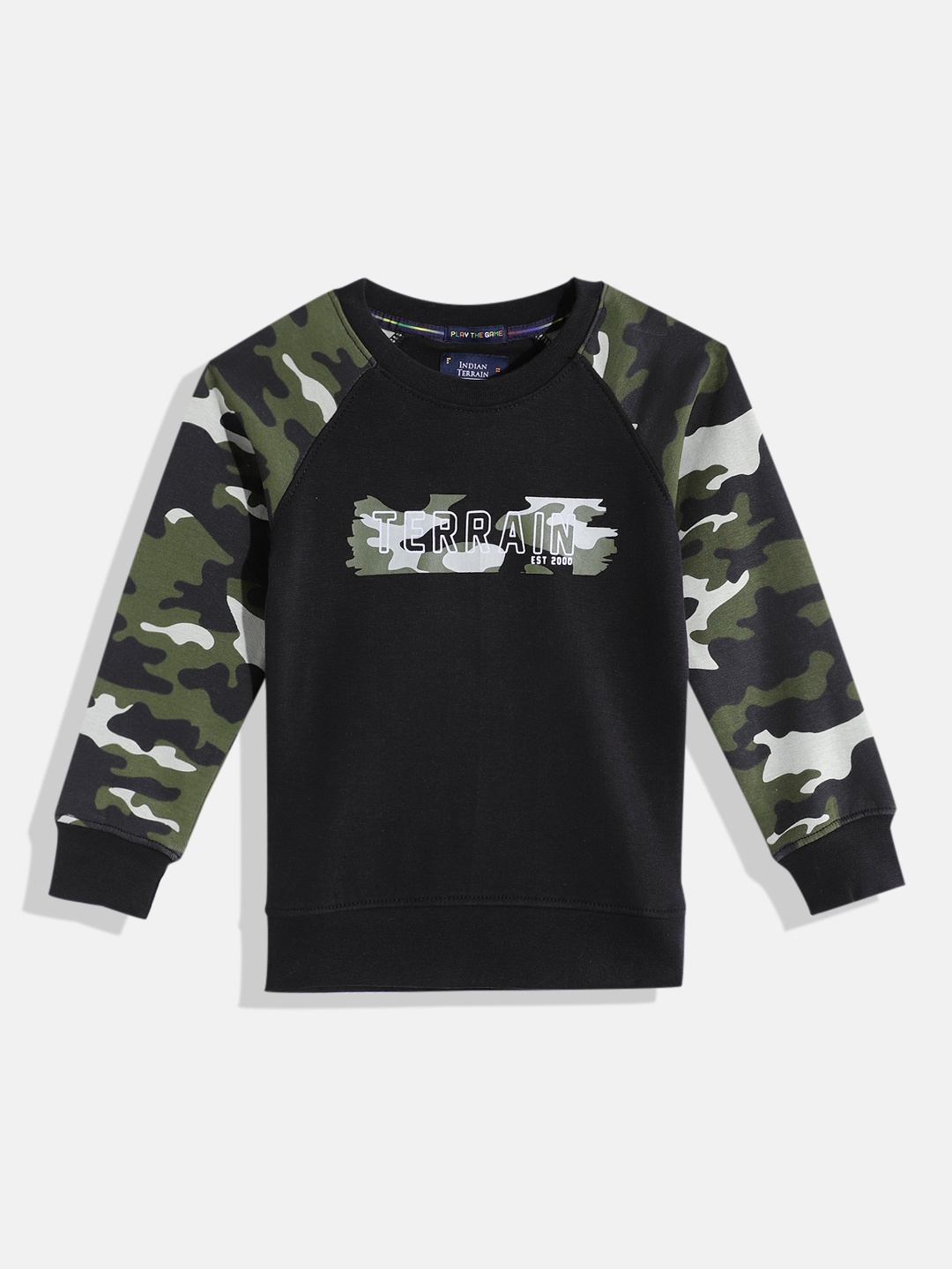 

Indian Terrain Boys Camouflage & Brand Logo Printed Sweatshirt, Black