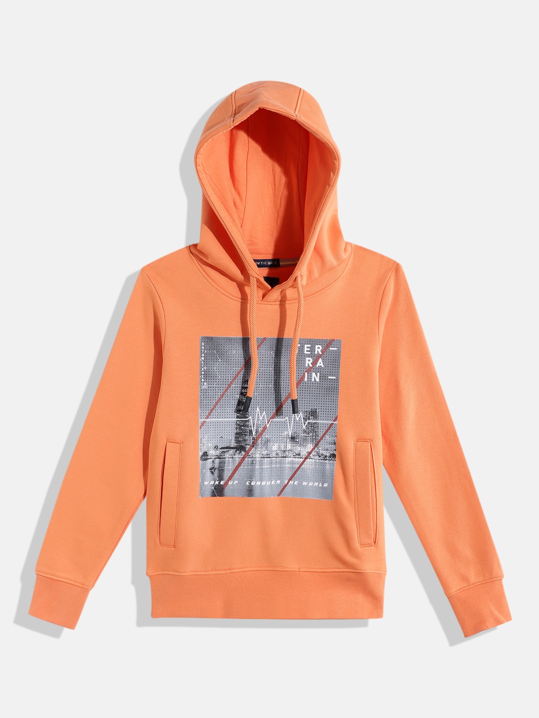 

Indian Terrain Boys Printed Hooded Sweatshirt, Orange