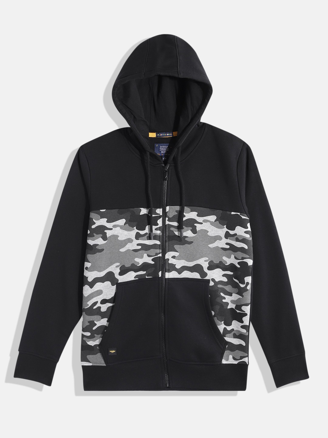 

Indian Terrain Boys Camouflage Printed Hooded Sweatshirt, Black
