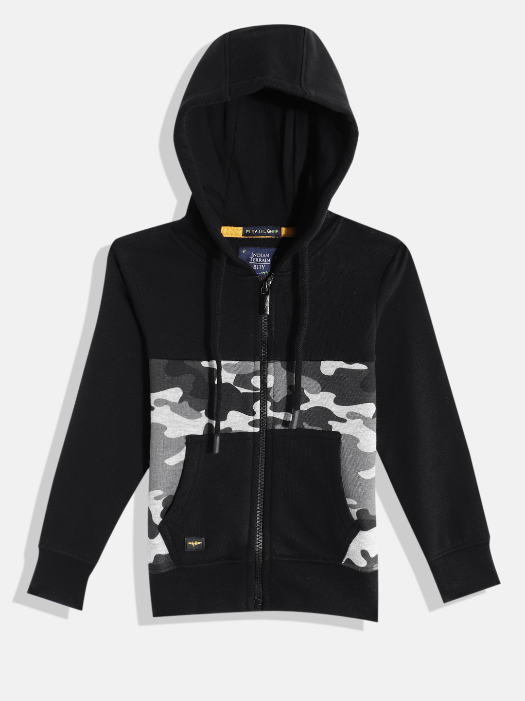 

Indian Terrain Boys Camouflage Printed Front-Open Hooded Sweatshirt, Black
