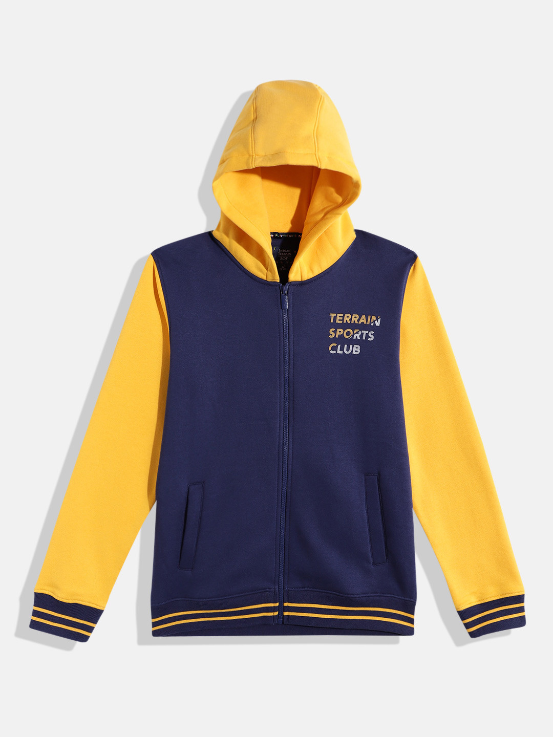 

Indian Terrain Boys Colourblocked Hooded Sweatshirt, Navy blue